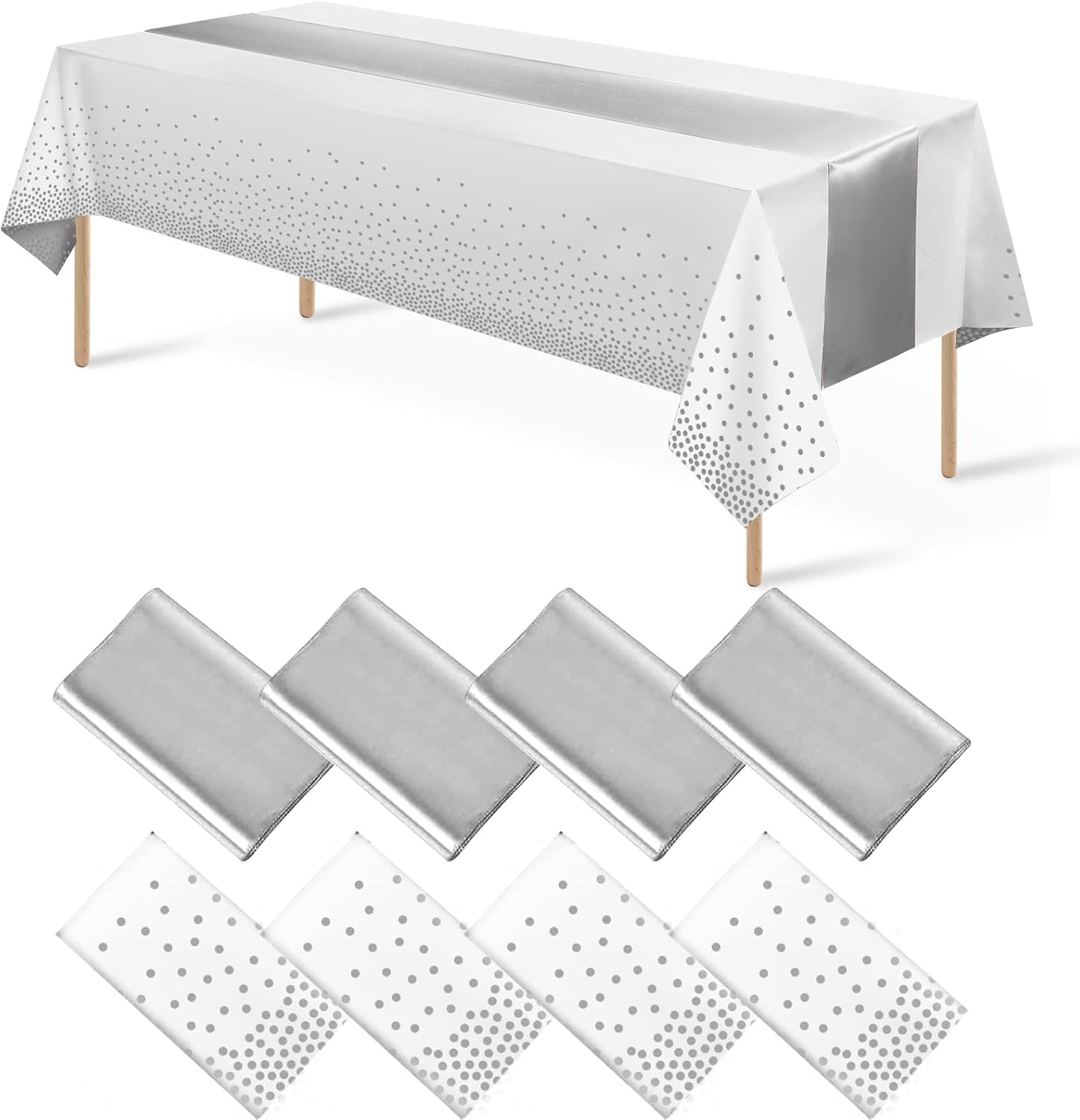 8Pack White and Silver Dot Tablecloths and Satin Table Runner Set for Occasions