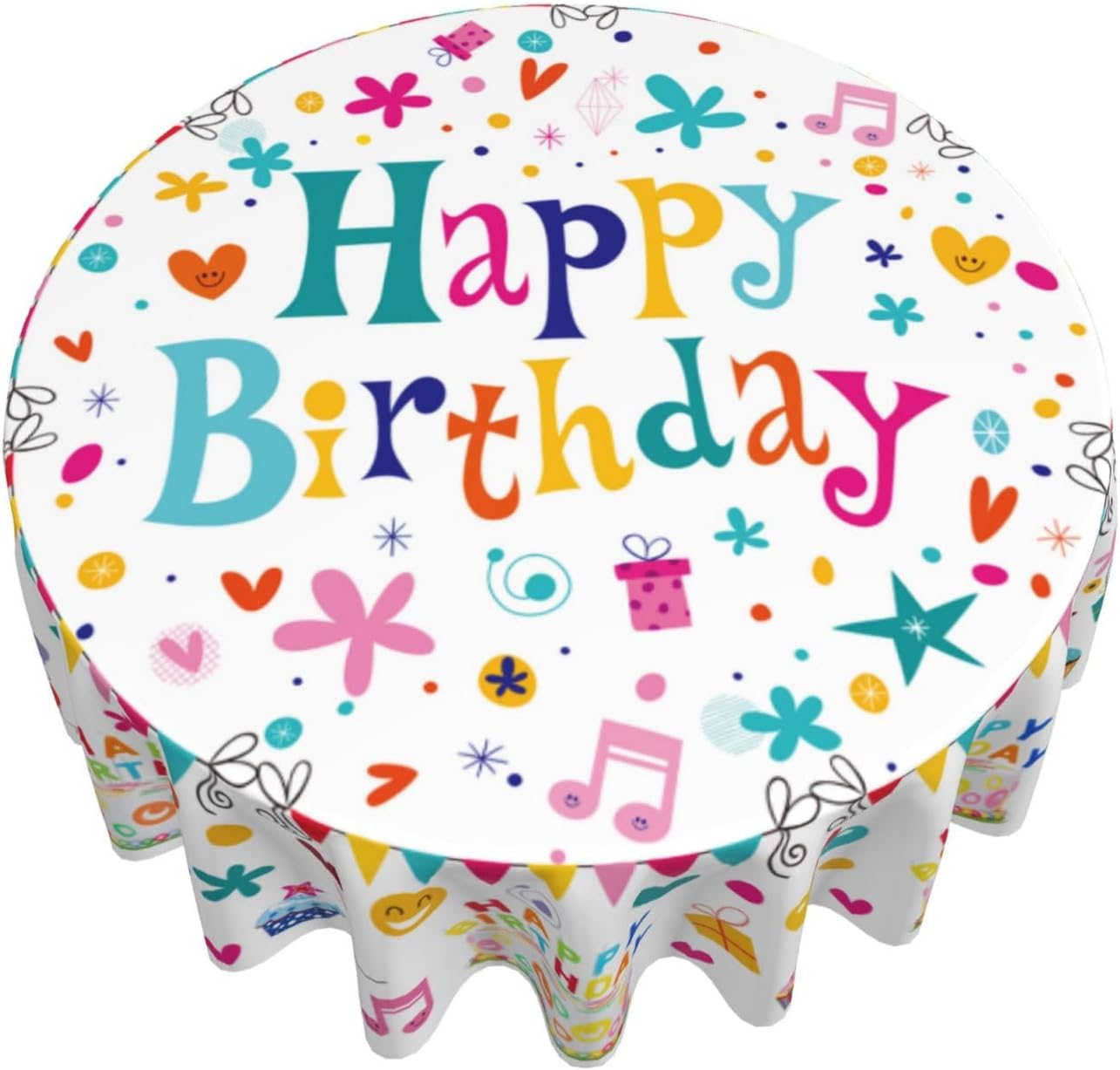 Happy Birthday Round Tablecloth 60 Inch Colorful Cake Balloons Cover