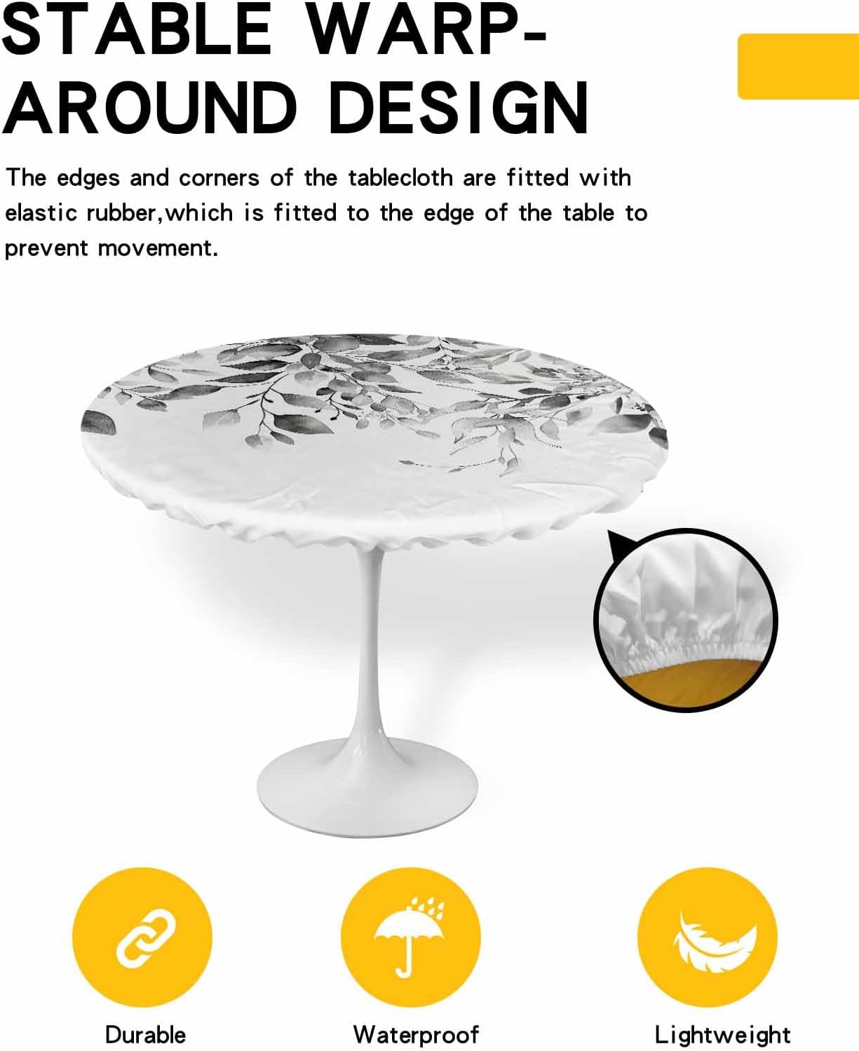 Gray Eucalyptus Round Waterproof Table Cover Fitted Tablecloth