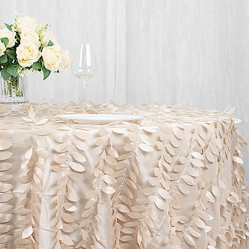 Balsa Circle 132 Inch Beige Taffeta Tablecloth Leaf Petals Design