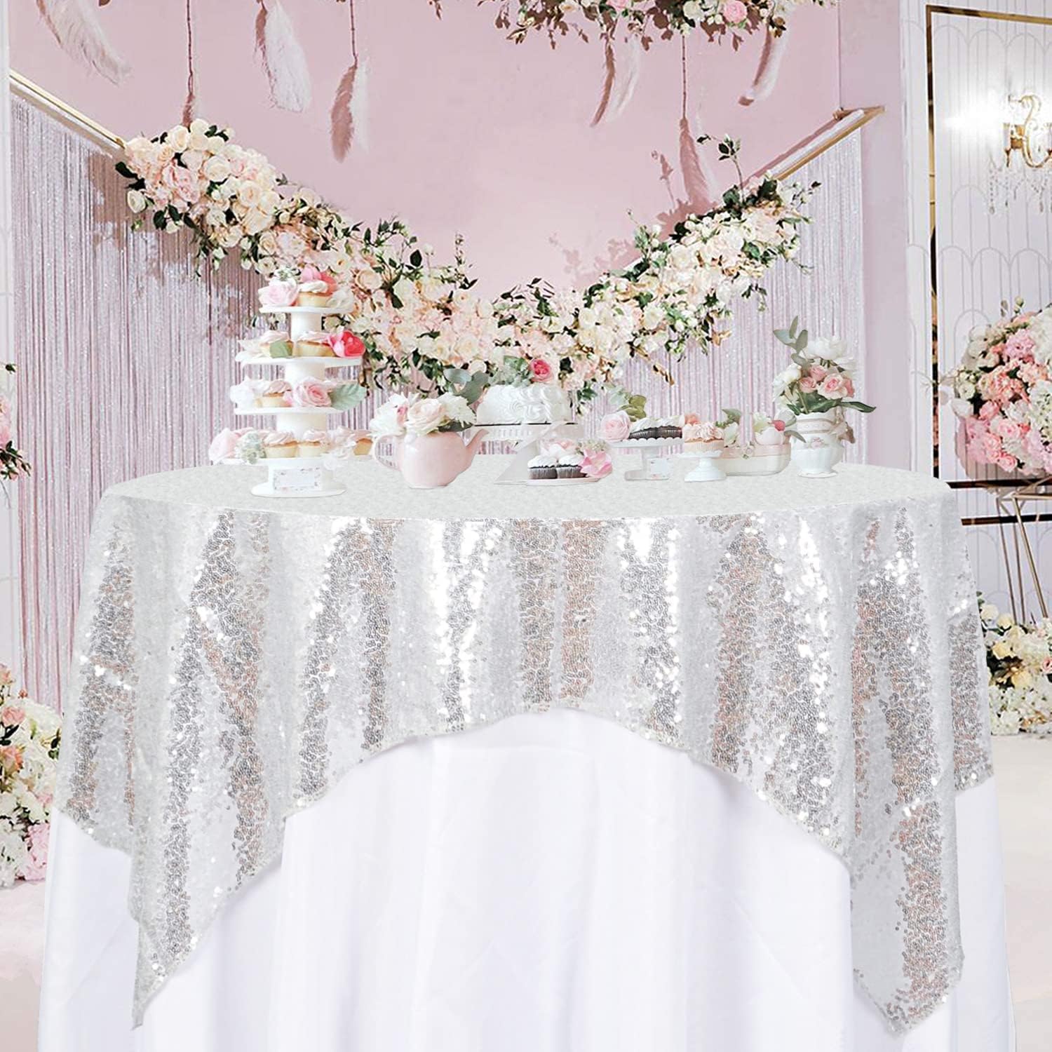 ShinyBeauty Silver Sequin Tablecloth 72x72 Inch Square