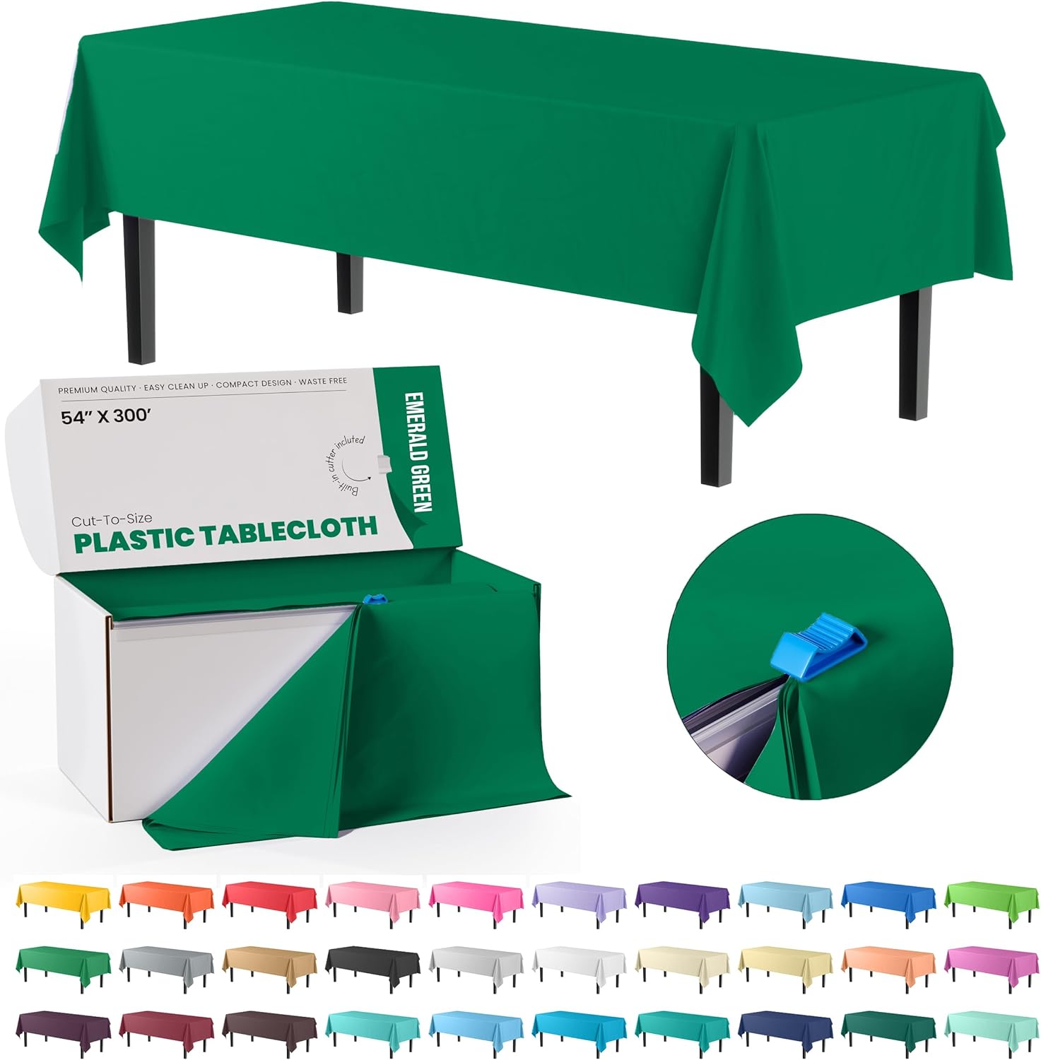 Exquisite Emerald Green 54x300 Plastic Table Cover Roll with Slide Cutter