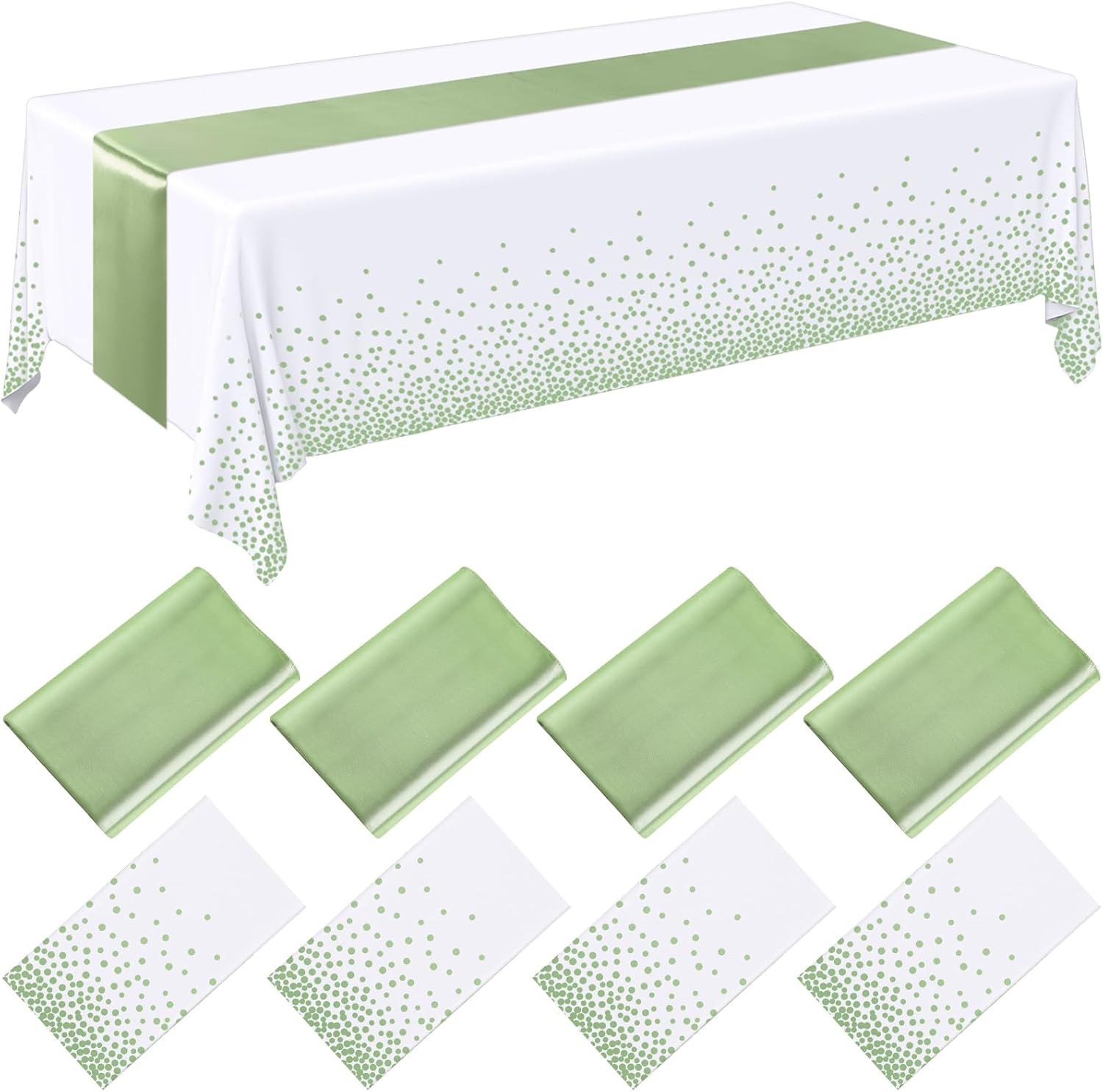 Breling 8 Pack White Sage Green Tablecloths and Table Runner Set
