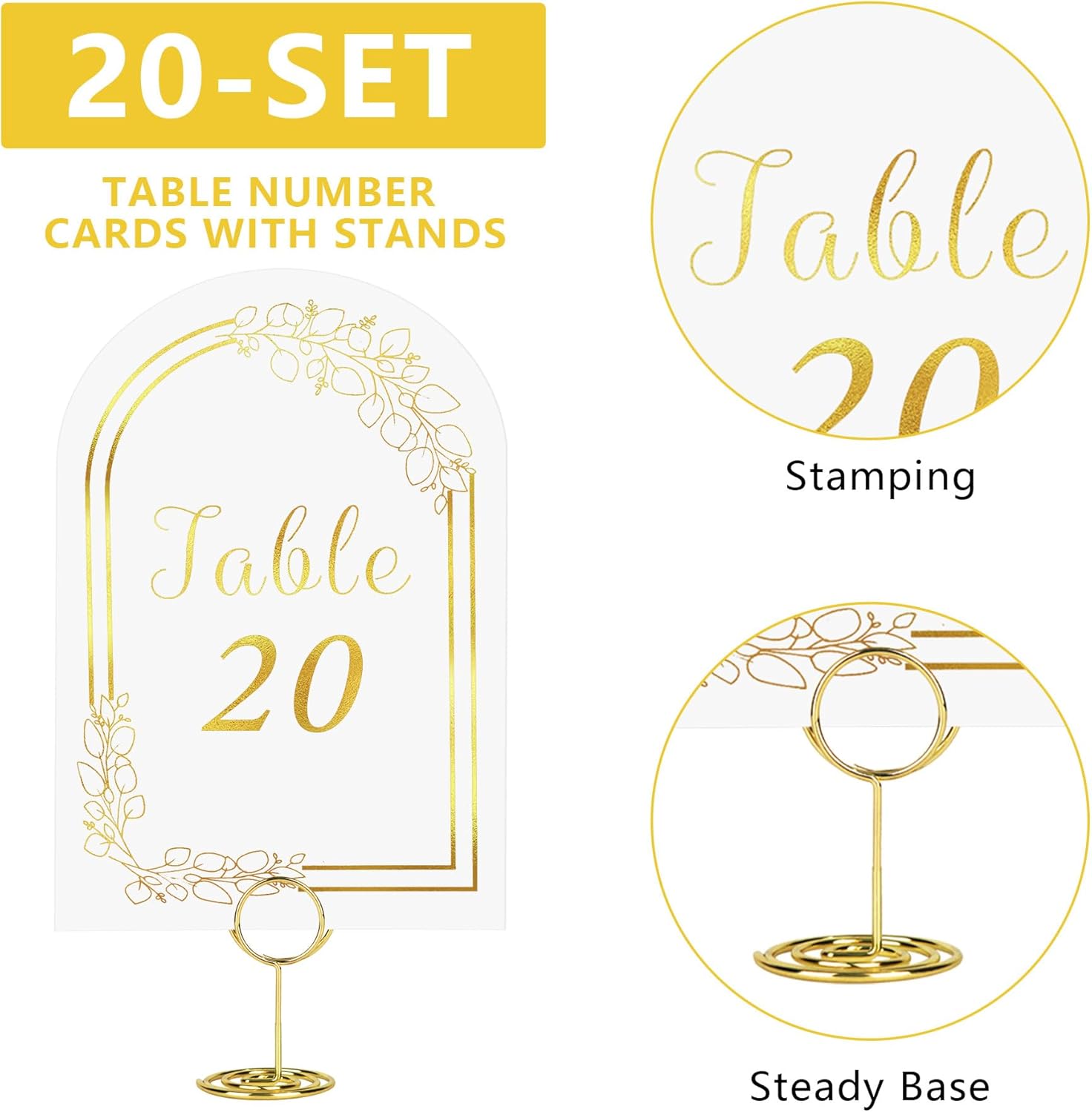 JOYIT 20 Set Wedding Table Numbers with Holders White Gold Cards for Events