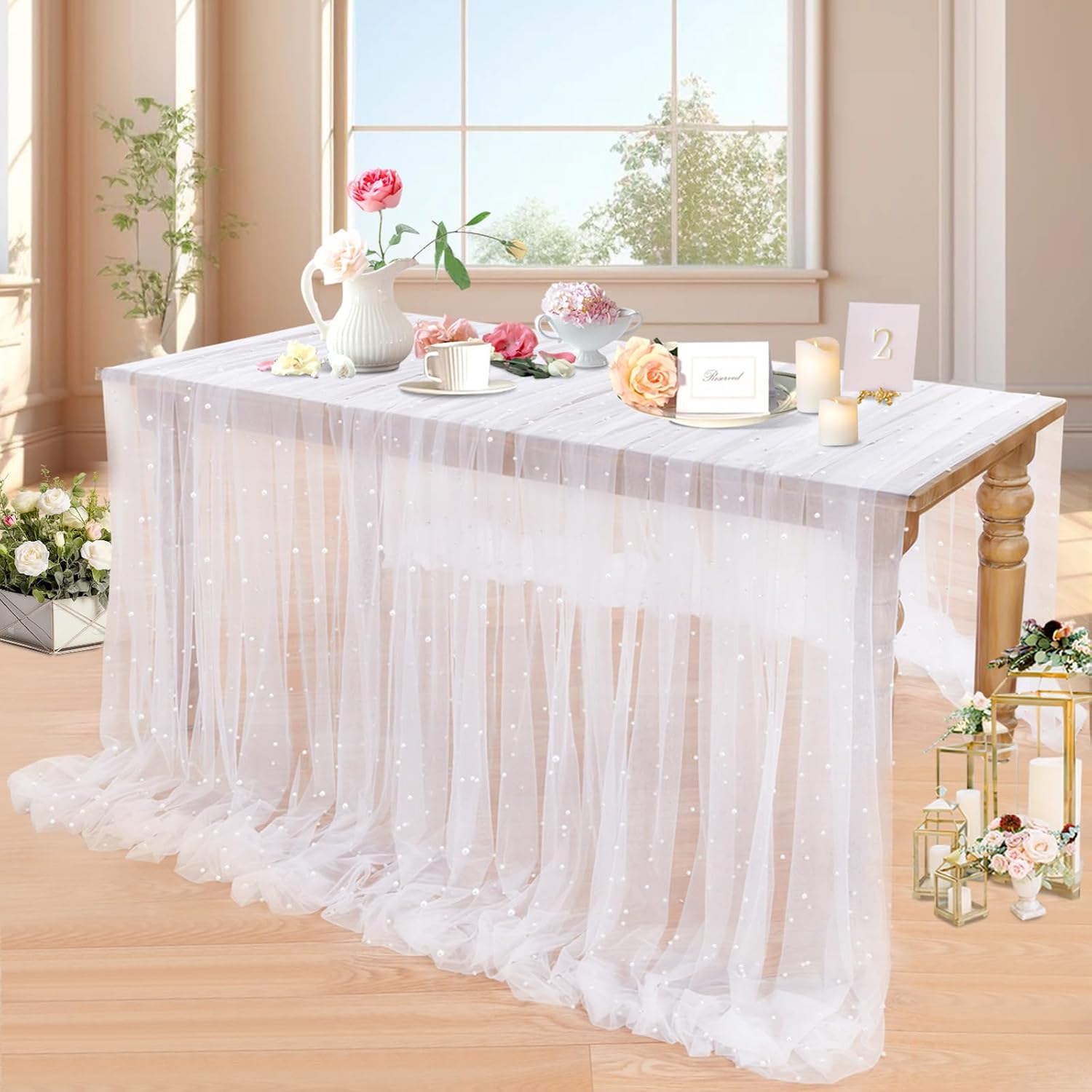 LuoluoHouse White Pearl Table Cloth 10ft Tulle Wedding Runner Decor