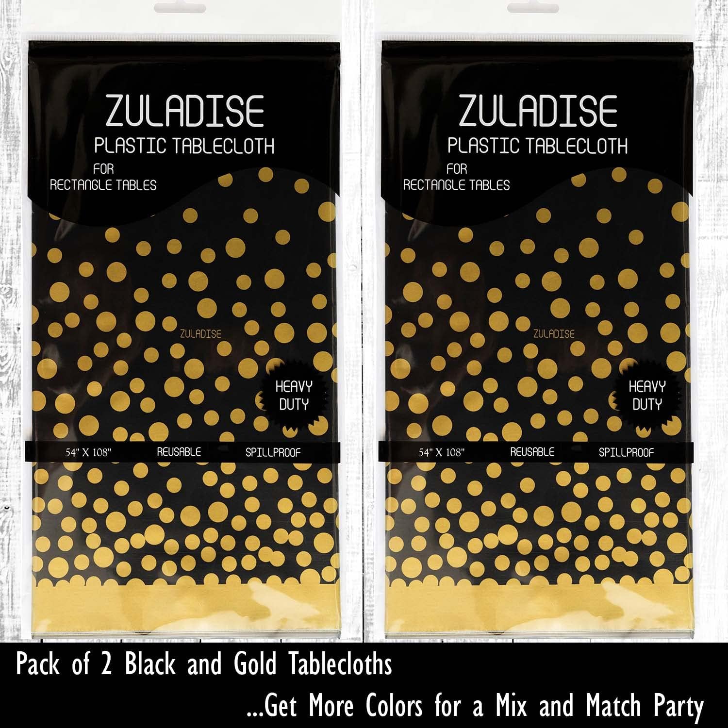 2 Pack Black and Gold Plastic Tablecloths Thick Durable Reusable