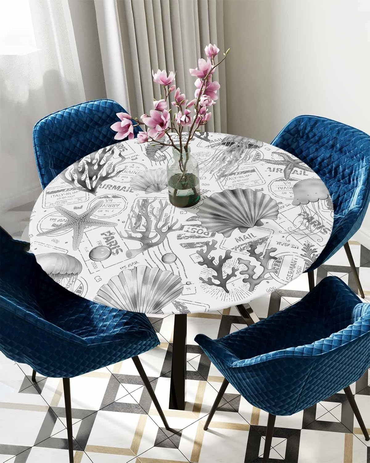 Grey Jellyfish Round Waterproof Table Cover Fitted Tablecloth