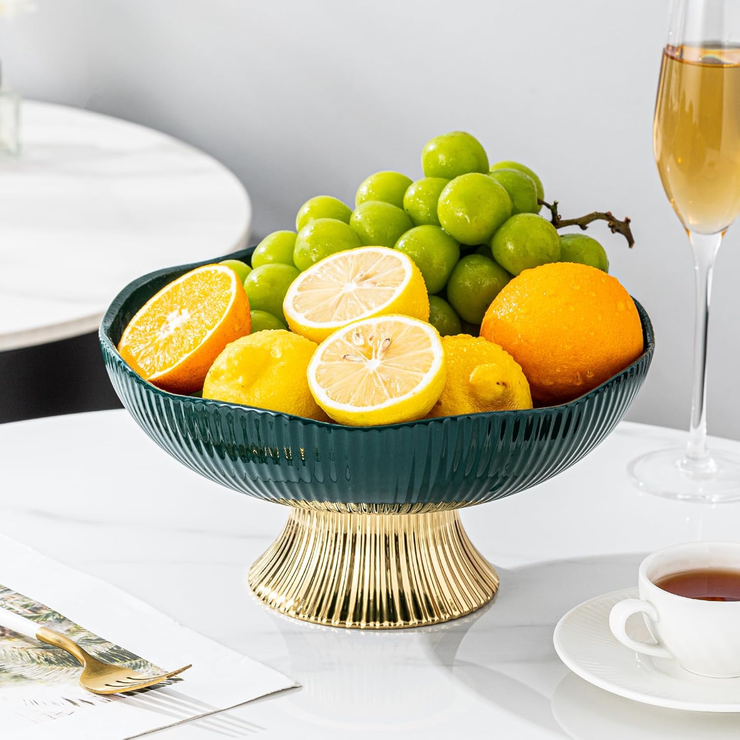 Ceramic Fruit Bowl with Golden Feet 10 Inch Pedestal Design