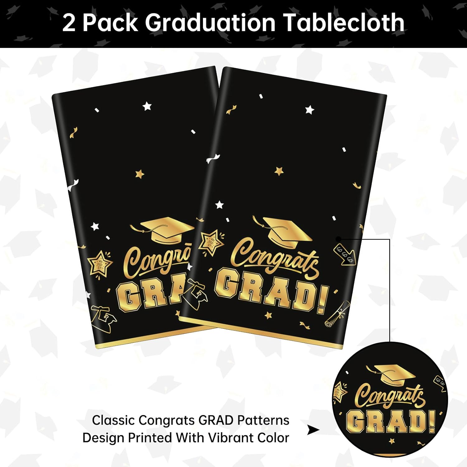 2 Pack Graduation Tablecloths - Black Gold Class of 2025 Decorations