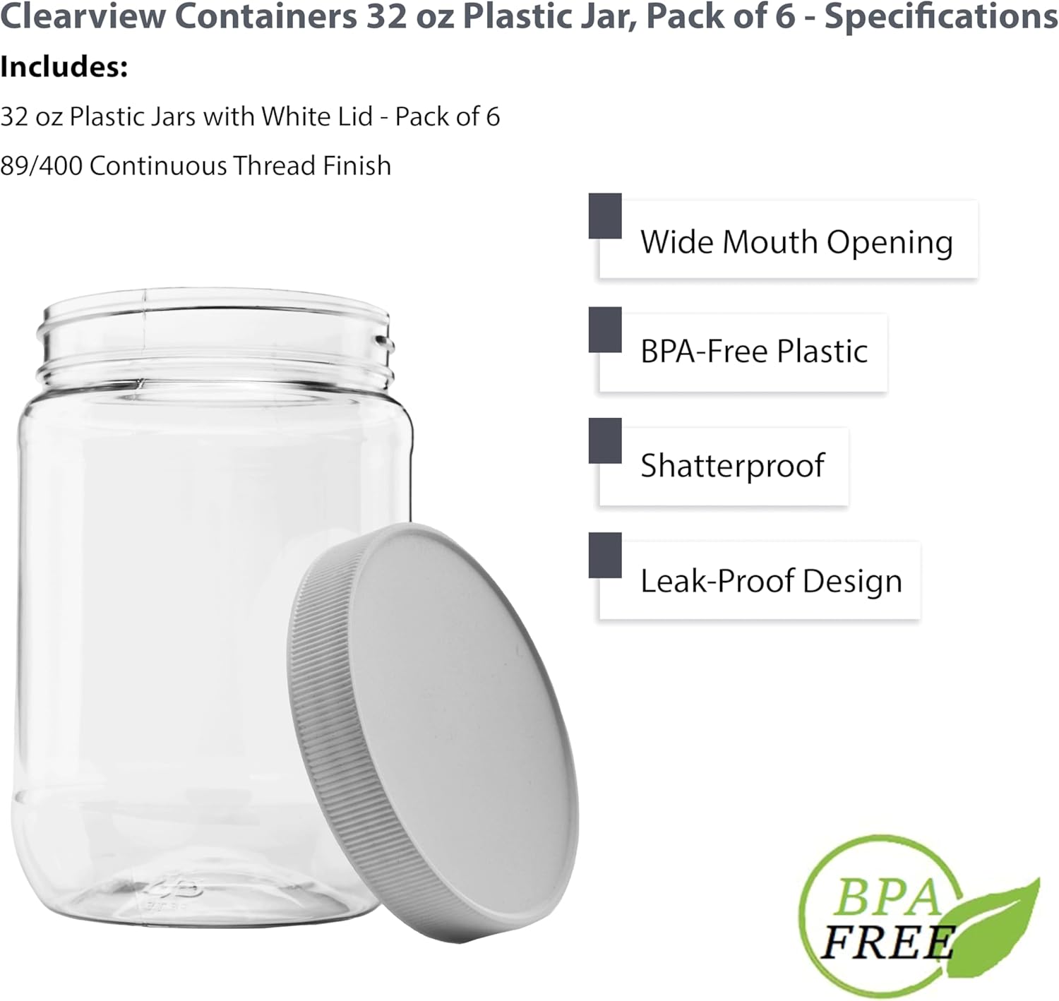 Plastic Storage Jars with Leak Proof Lids BPA Free 6 Pack
