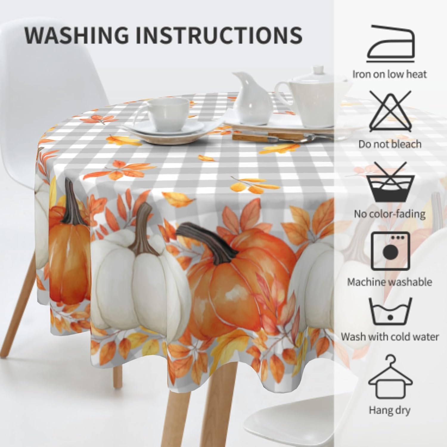 Fall Tablecloth 60 Inch Round Water-Resistant Pumpkins Festival Kitchen Cover