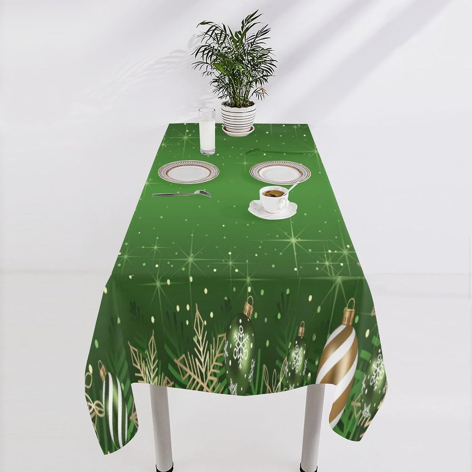 Christmas Ball Rectangular Tablecloth with Green Baubles Snowflake Pattern
