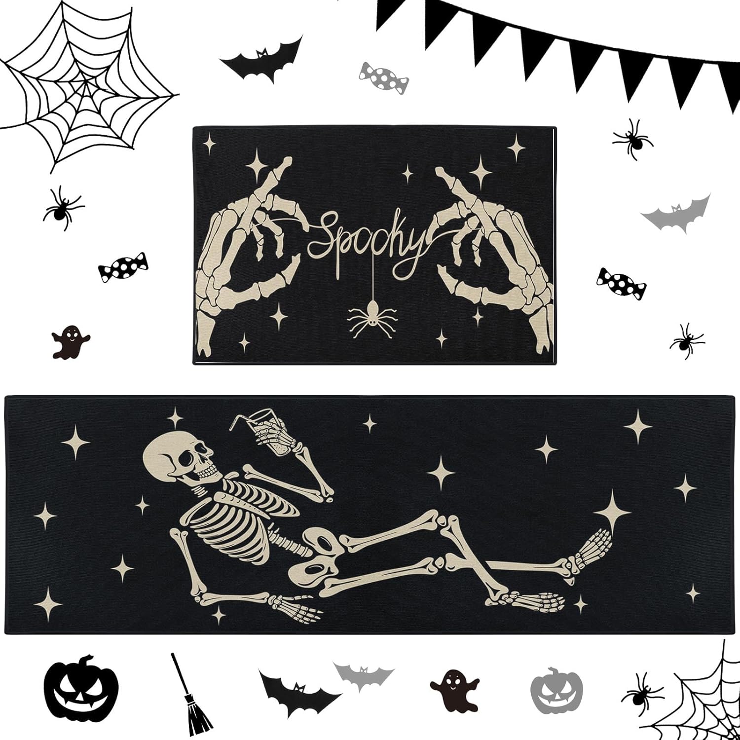 ArtSocket Halloween Skeleton Kitchen Rugs Set of 2 Non-Skid Washable