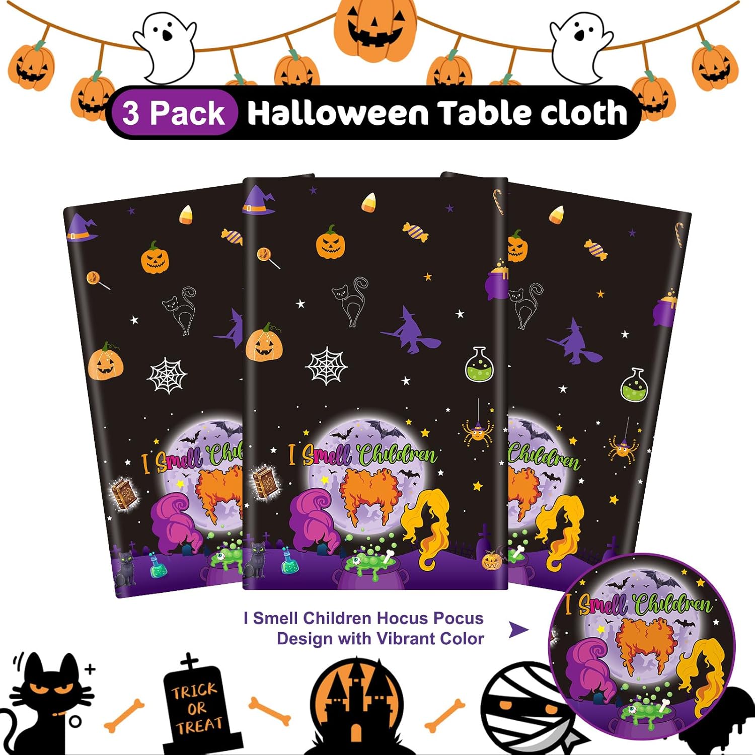 3 Pack Hocus Pocus Halloween Tablecloths 108x54 Inch