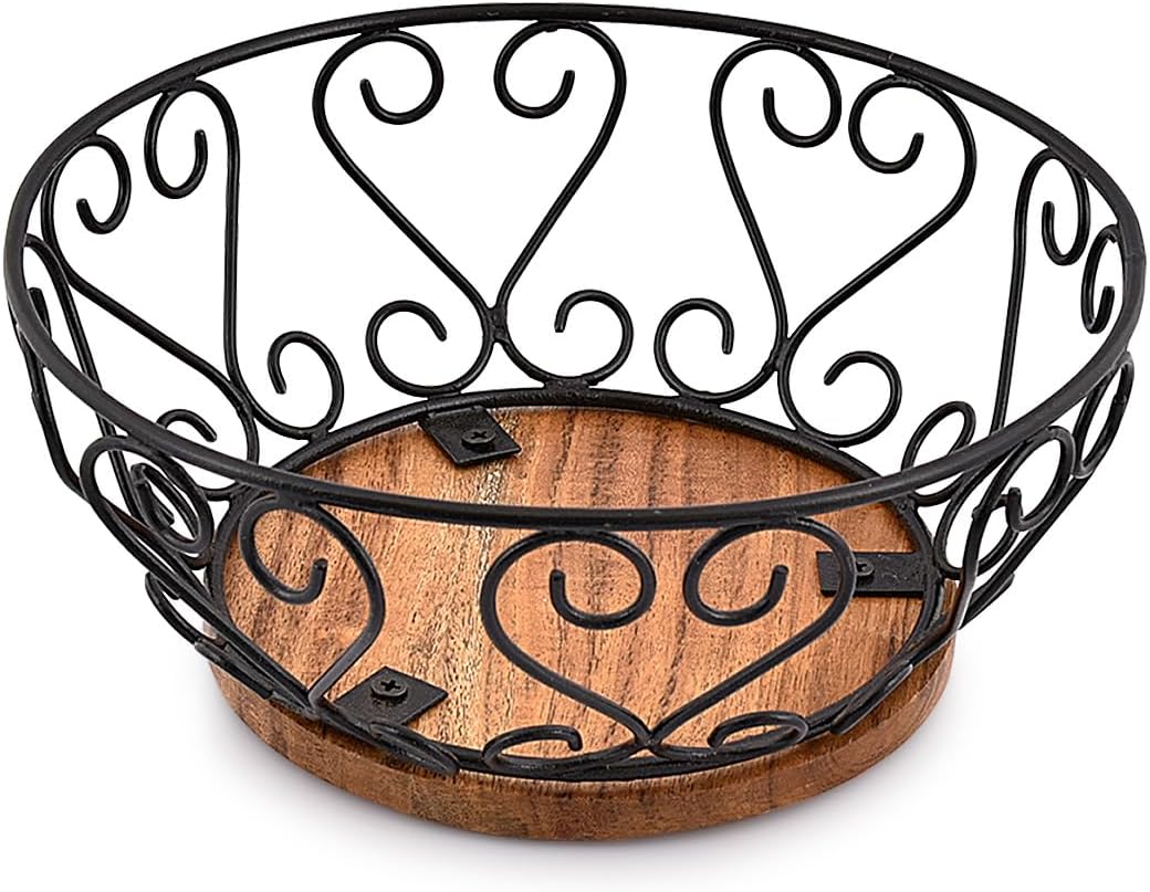 EDHAS Iron Fruit Bowl With Wooden Base 9x9x4 Inches