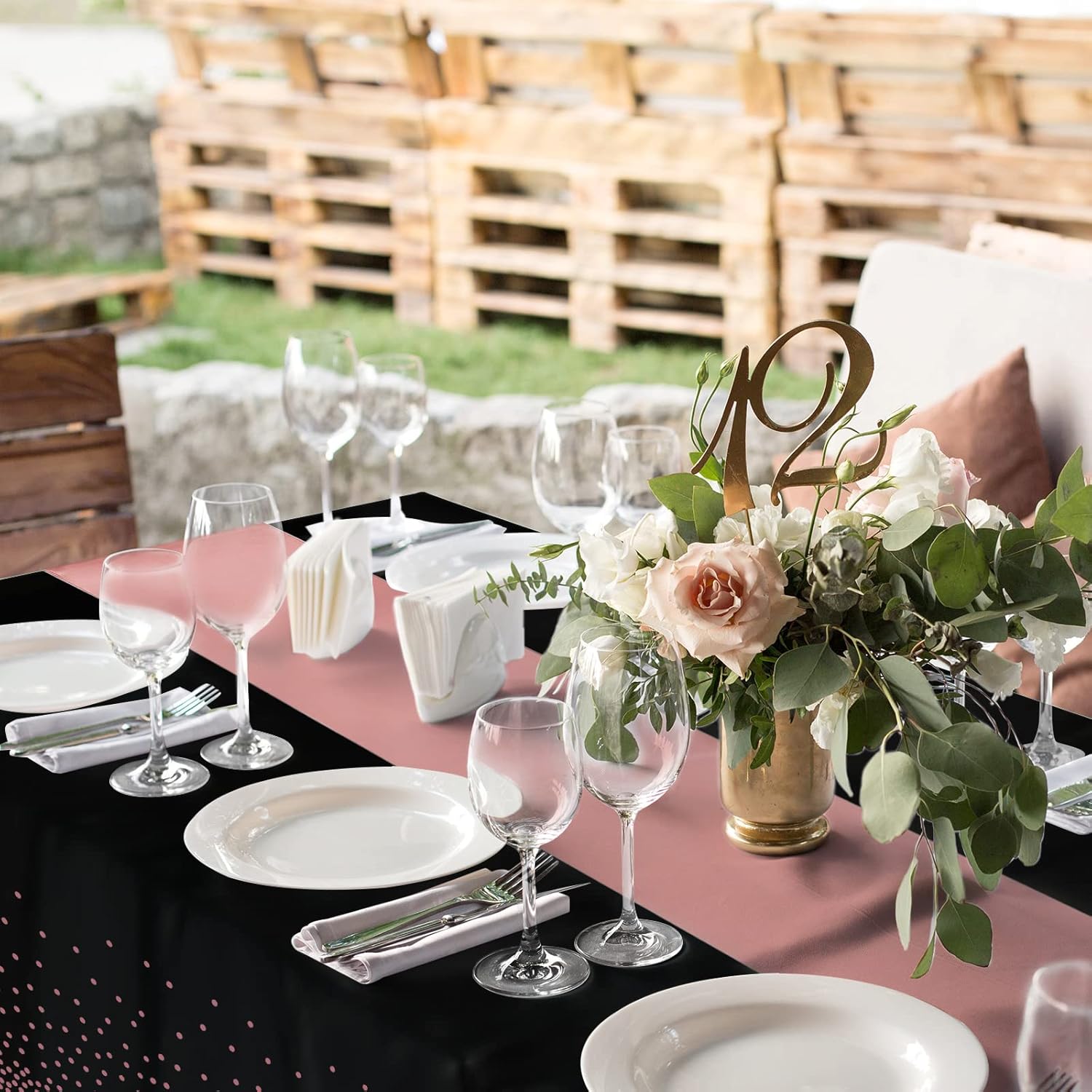 8 Pack Disposable Plastic Tablecloths and Satin Table Runner Set Black Rose Gold Dot Wedding Party Decor