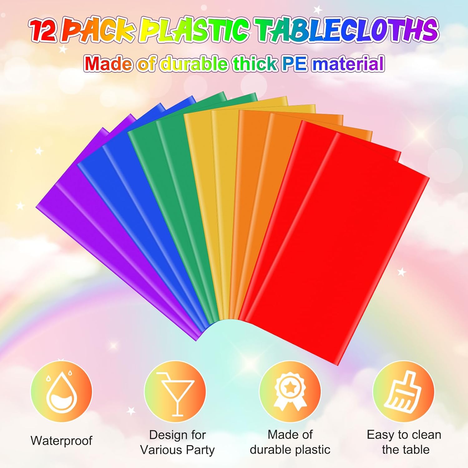 12 Pack Rainbow Color Tablecloths for Events
