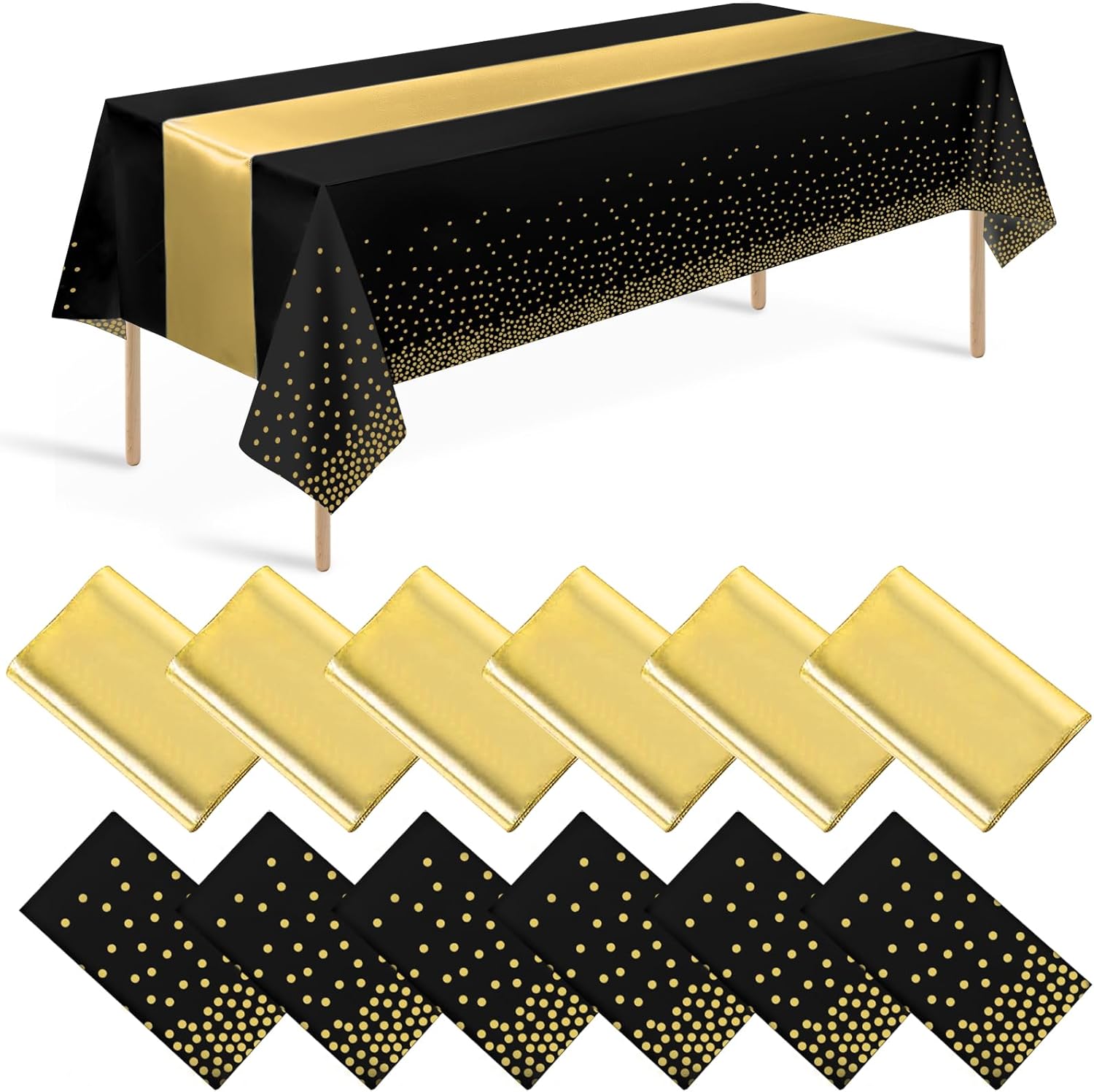 12 Pack Black and Gold Tablecloth and Runner Party Set