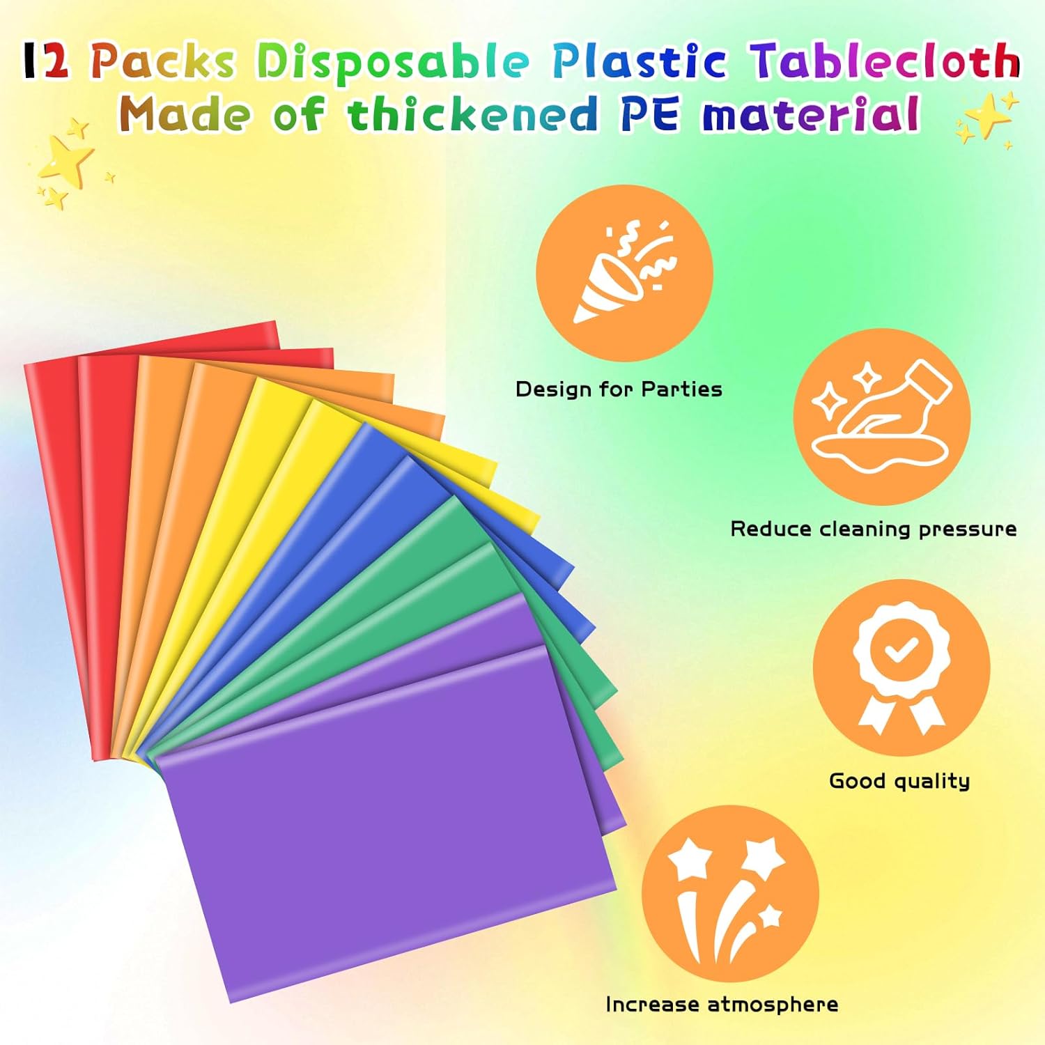 12Pcs Plastic Table Cloth Set Rainbow Neon Colors 54x72 Inch for Parties