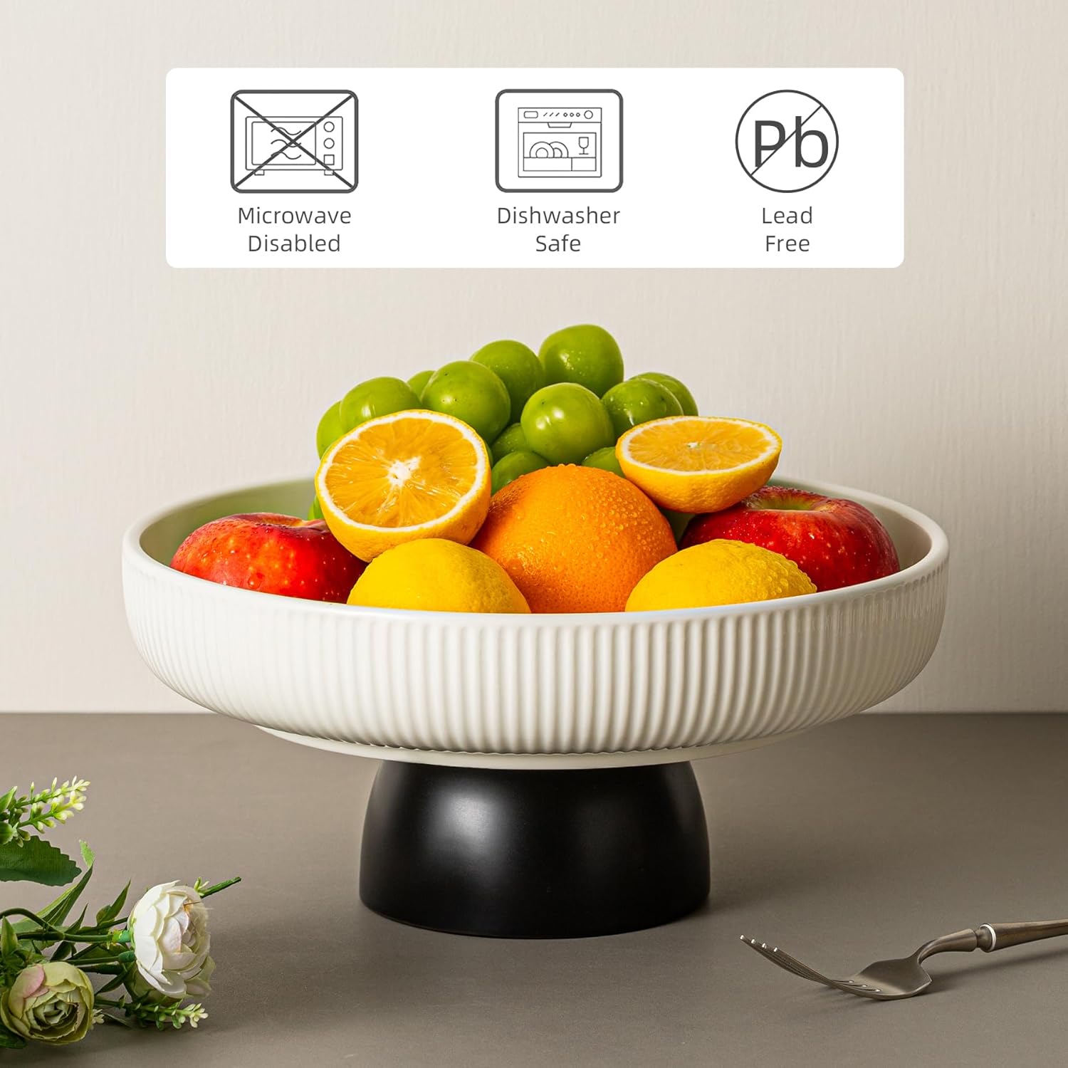 Ceramic Fruit Bowl 11-Inch White Tray with Black Base
