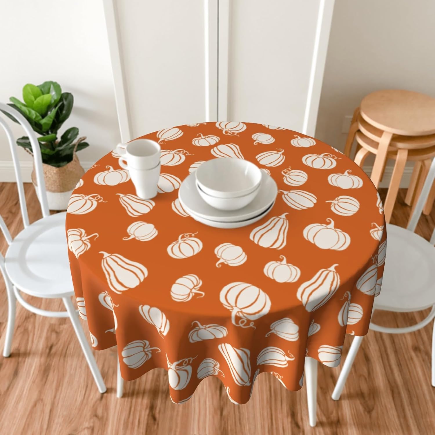 Fall Tablecloth 60 Inch Round White Halloween Decor