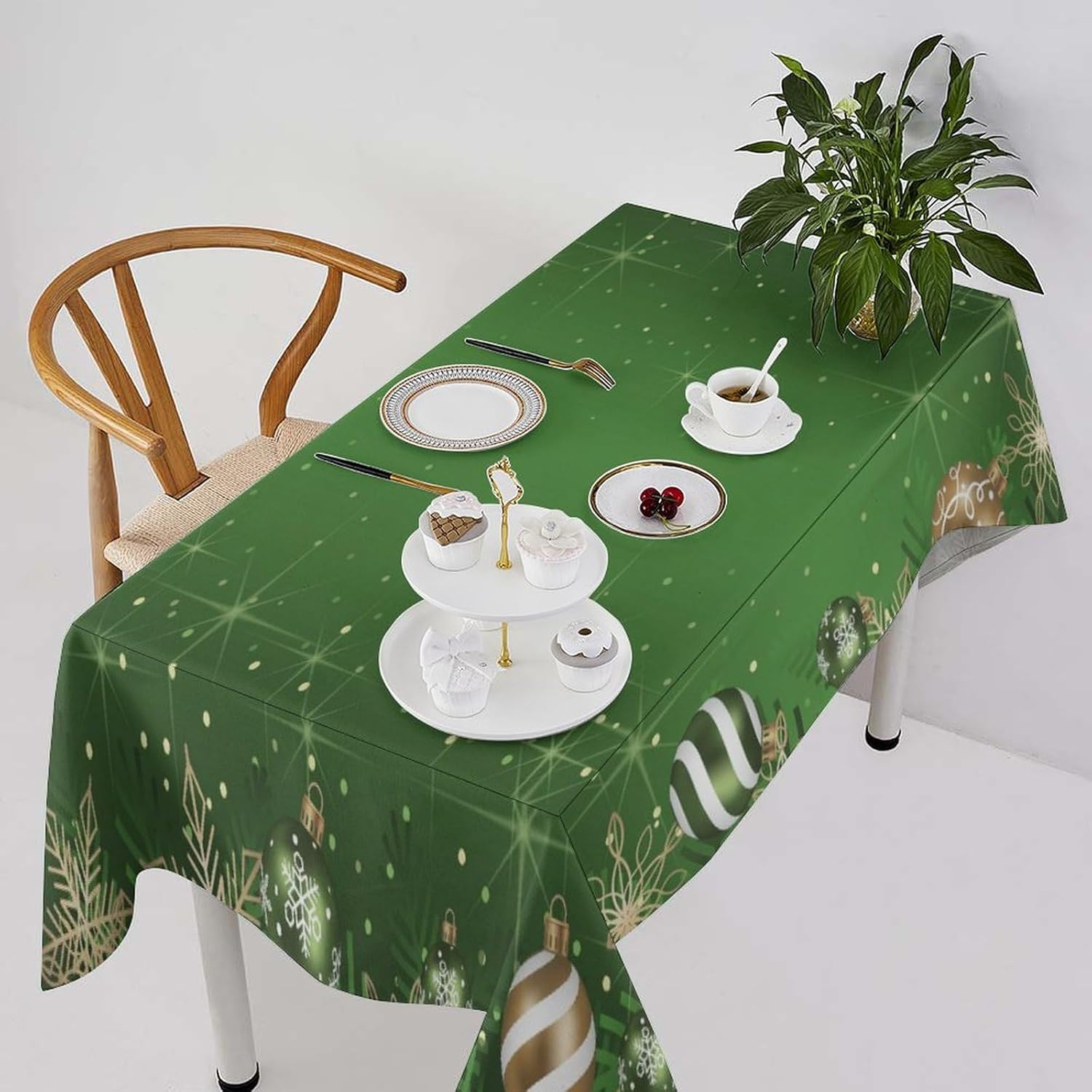 Christmas Ball Rectangular Tablecloth with Green Baubles Snowflake Pattern
