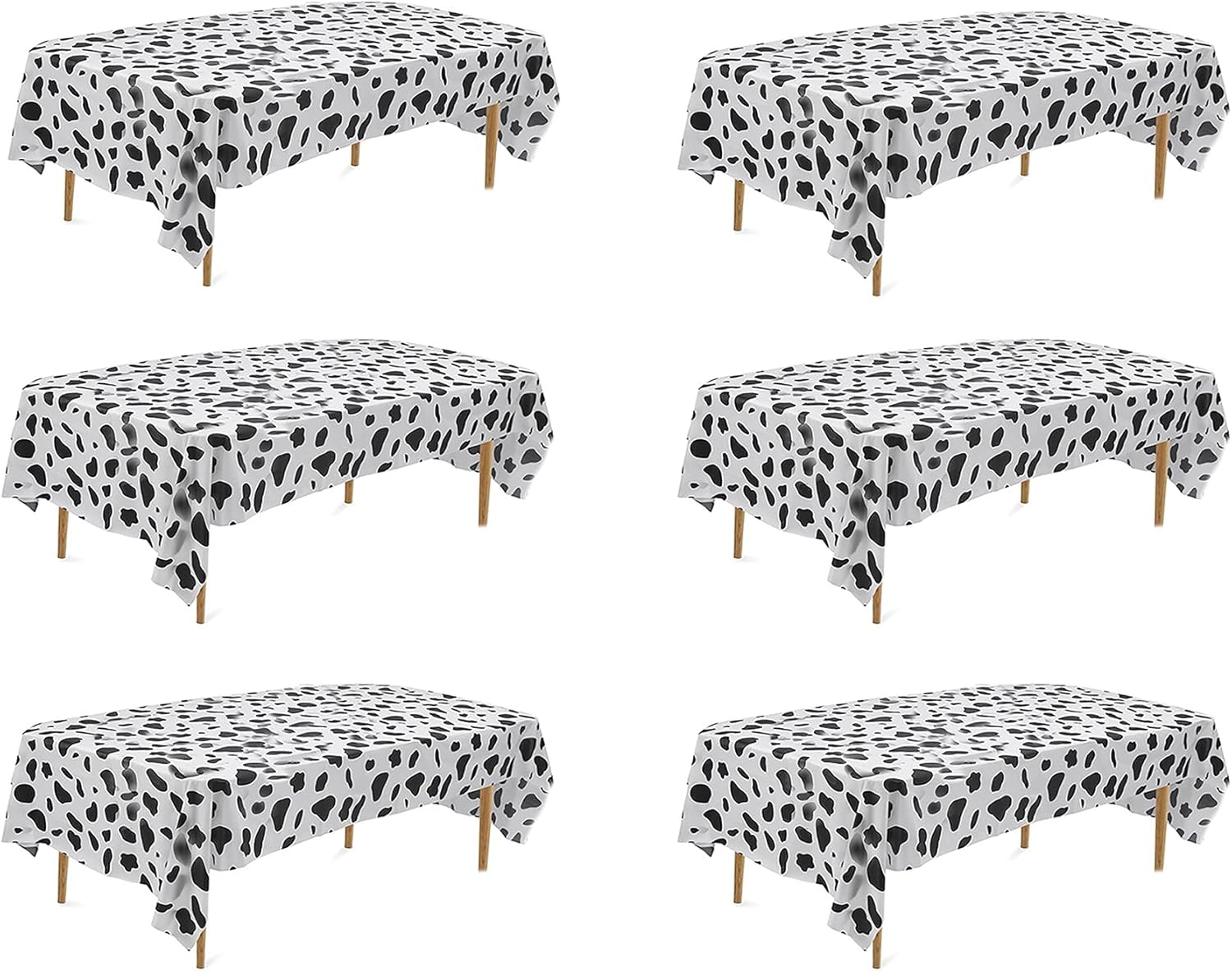 6 Pack Disposable Black and White Cow Print Plastic Tablecloth 108x54 Inches