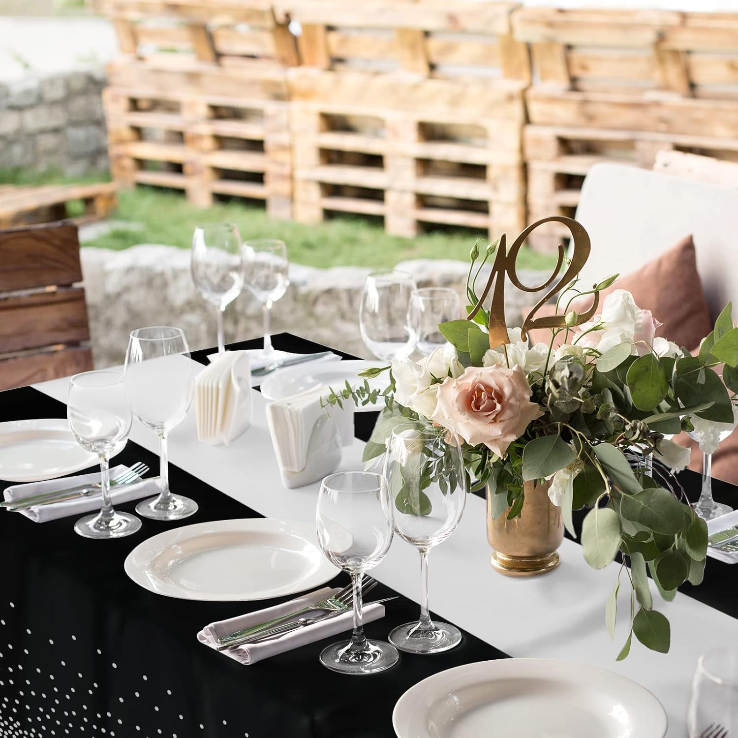 8Pack Black Silver Dot Tablecloths and Satin Runner Set for Events