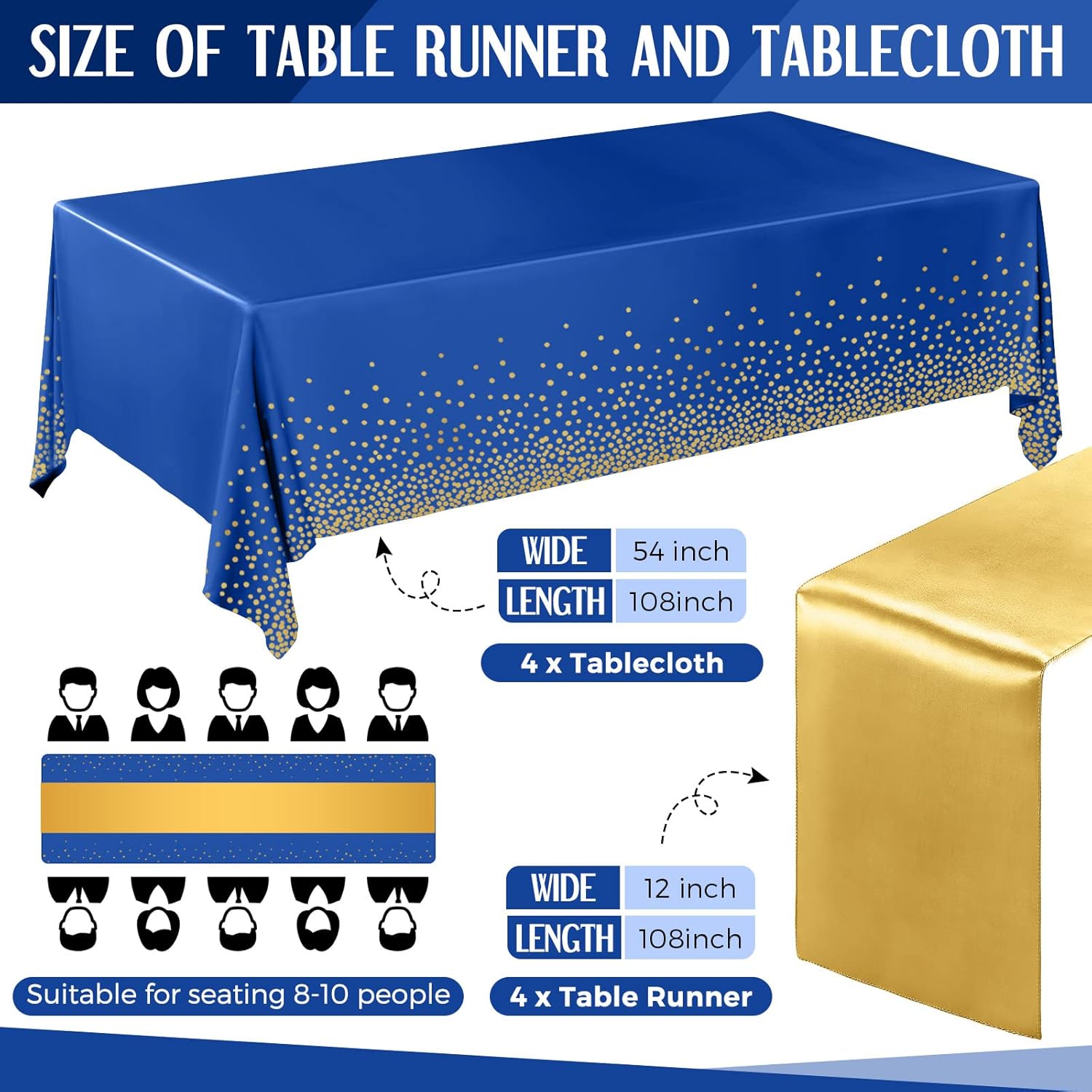 Breling 8 Pack Navy Blue Gold Tablecloths and Satin Runner Set