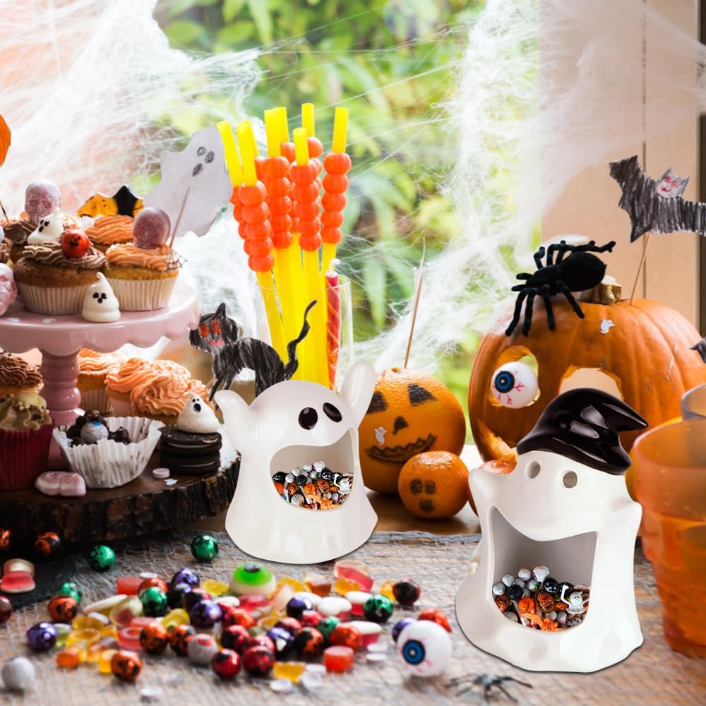 DIYDEC Halloween Candy Dish Holder 2PCS Ghost Ceramic Bowls