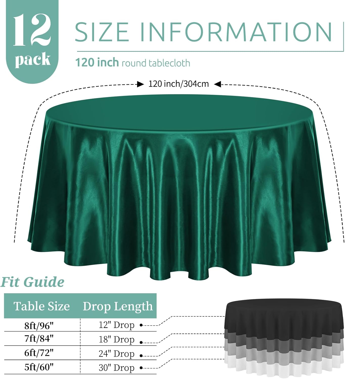 12 Pack 120 Inch Round Tablecloth Hunter Green Satin