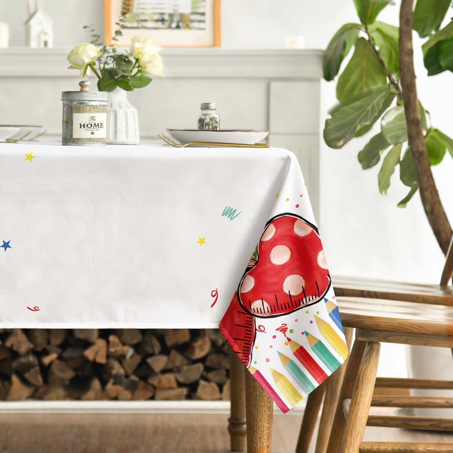 Horaldaily Back to School White Tablecloth 60x84 Inch Rectangular