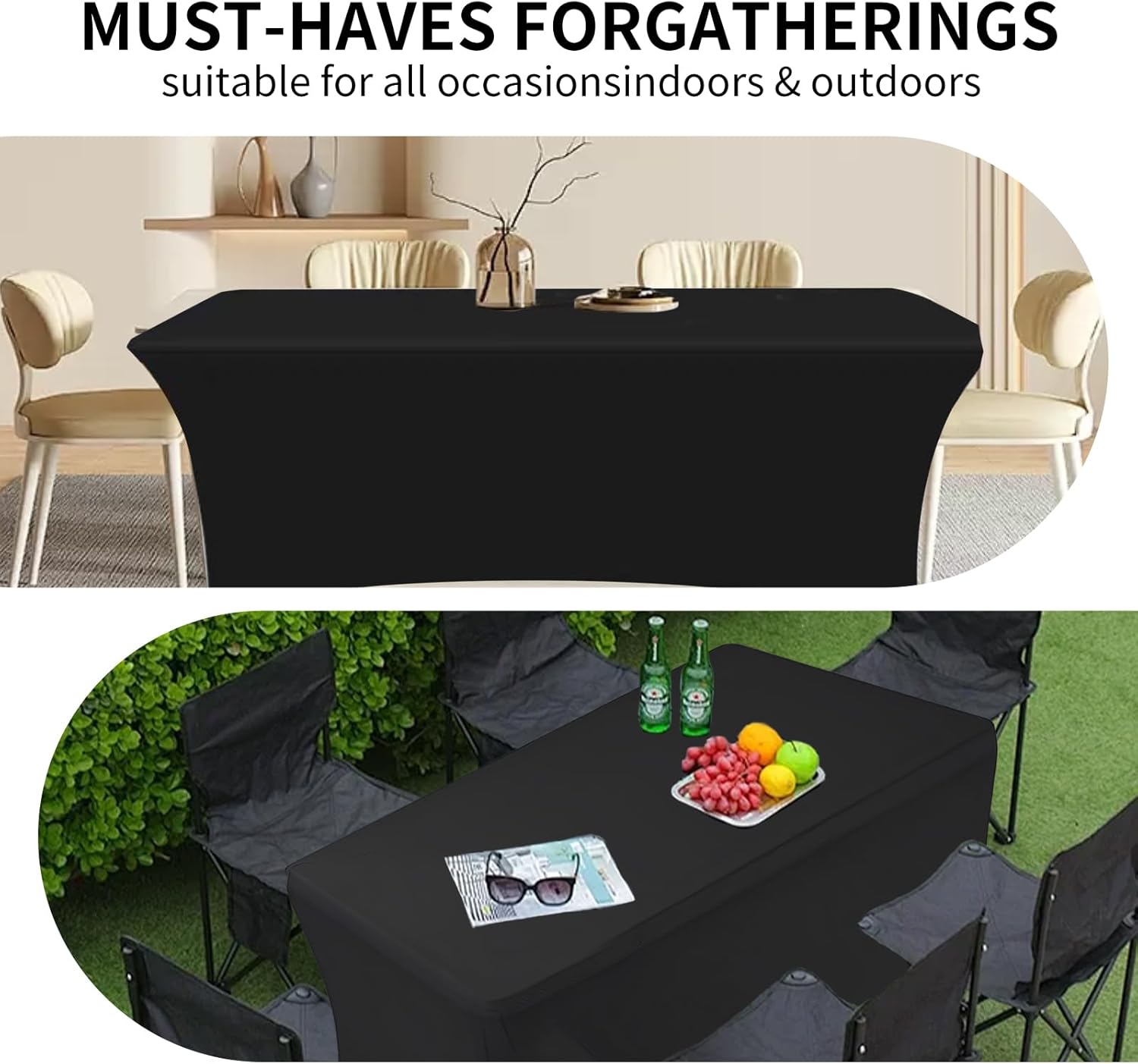 Mangdar Rectangular Elastic Spandex Tablecloth 6 Feet 2 Pack Black