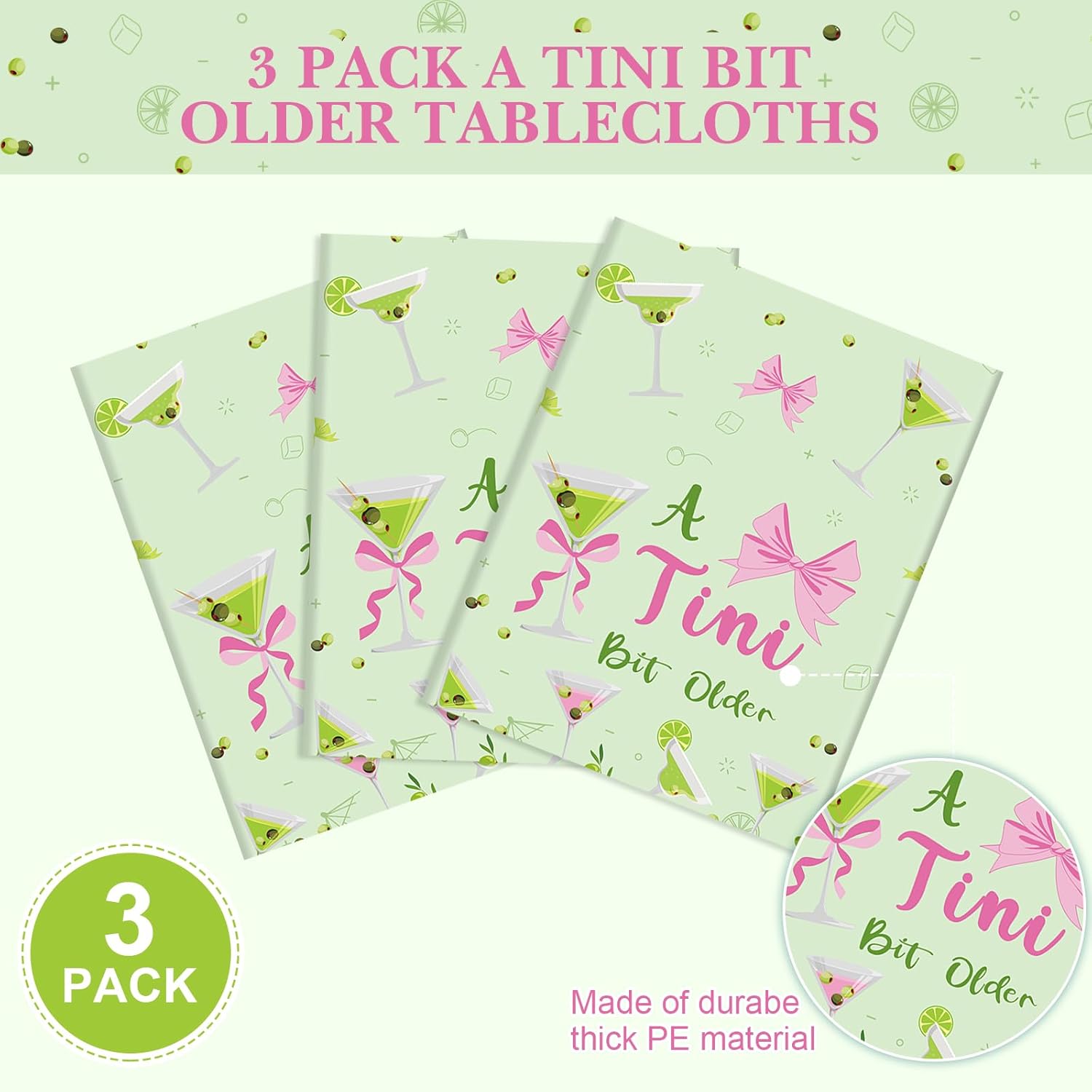 3 Pack Green Martini Tablecloths Birthday Decorations