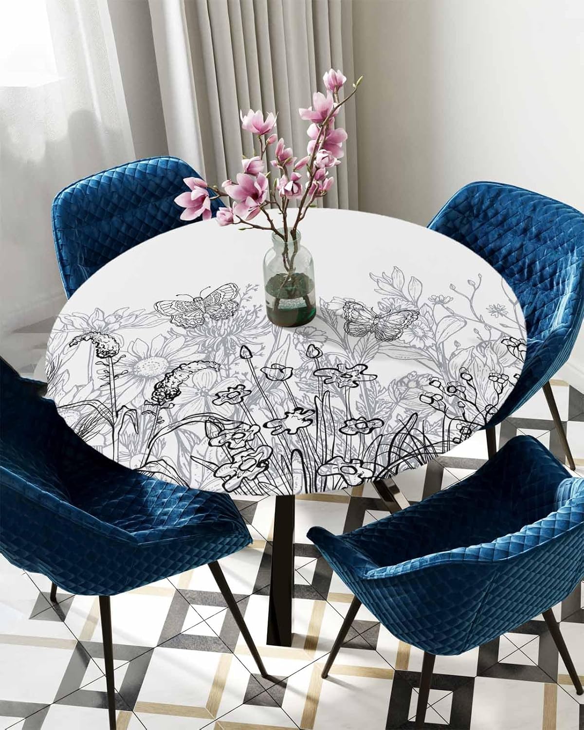 Gray White Floral Round Waterproof Table Cover 55-60 Inch Fitted Elastic Tablecloth for Indoor Outdoor Use