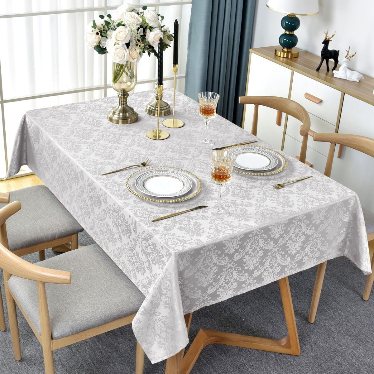 Rectangle Tablecloth with Flower Jacquard Pattern 52x70 Inch Grey