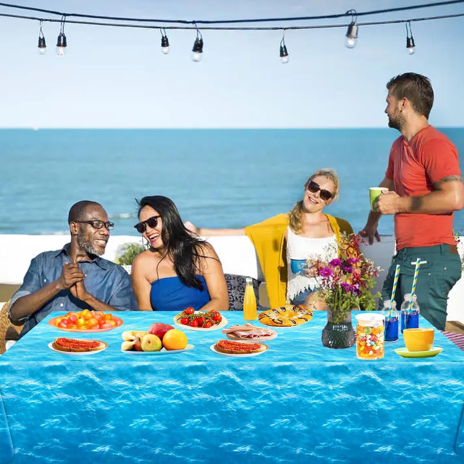 3 Piece Ocean Waves Tablecloth 54x108 Inch Water Print Plastic Table Cover for Beach Pool Party Decor