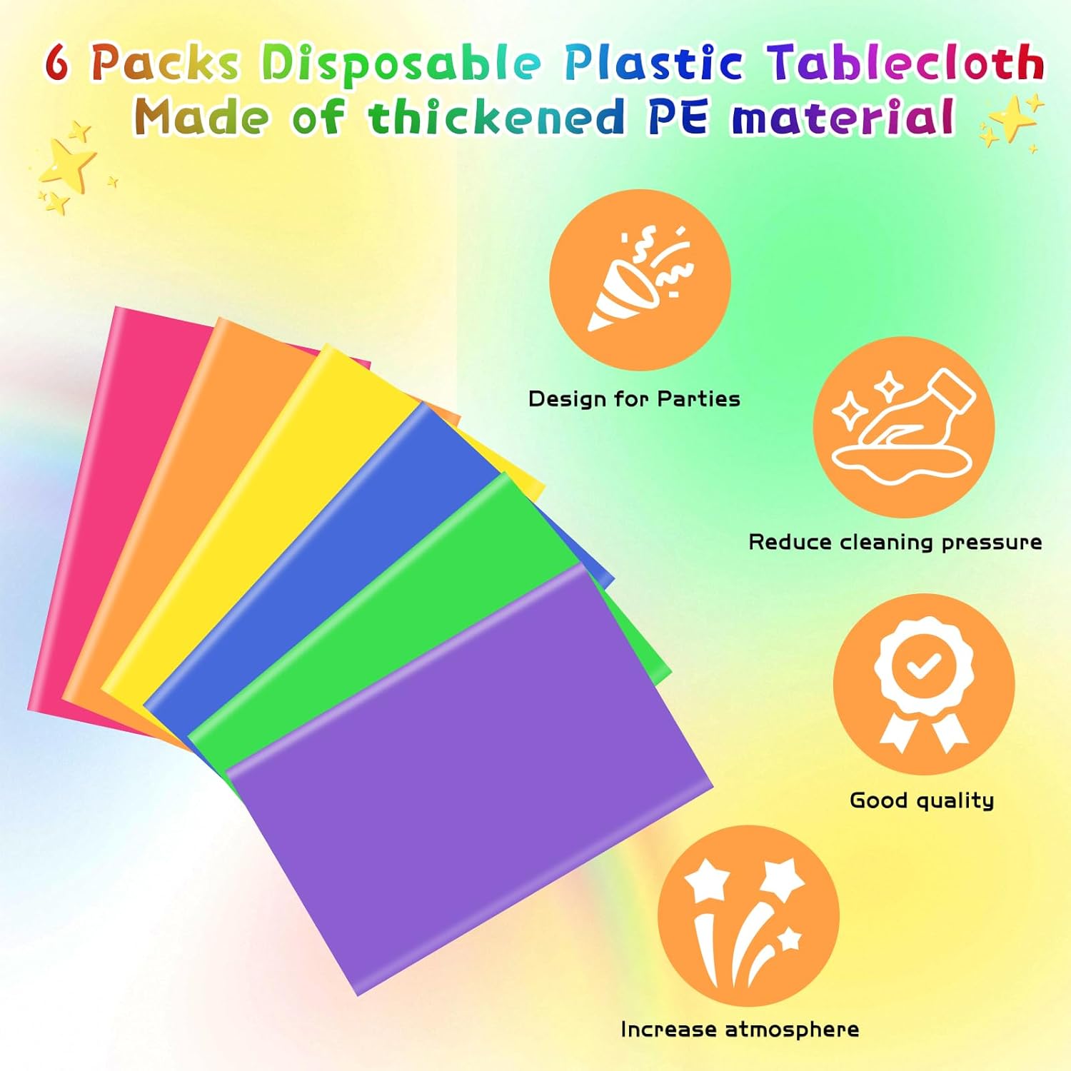 6Pcs Neon Plastic Table Cloths Set Rainbow 54x72 Inch Disposable Table Covers