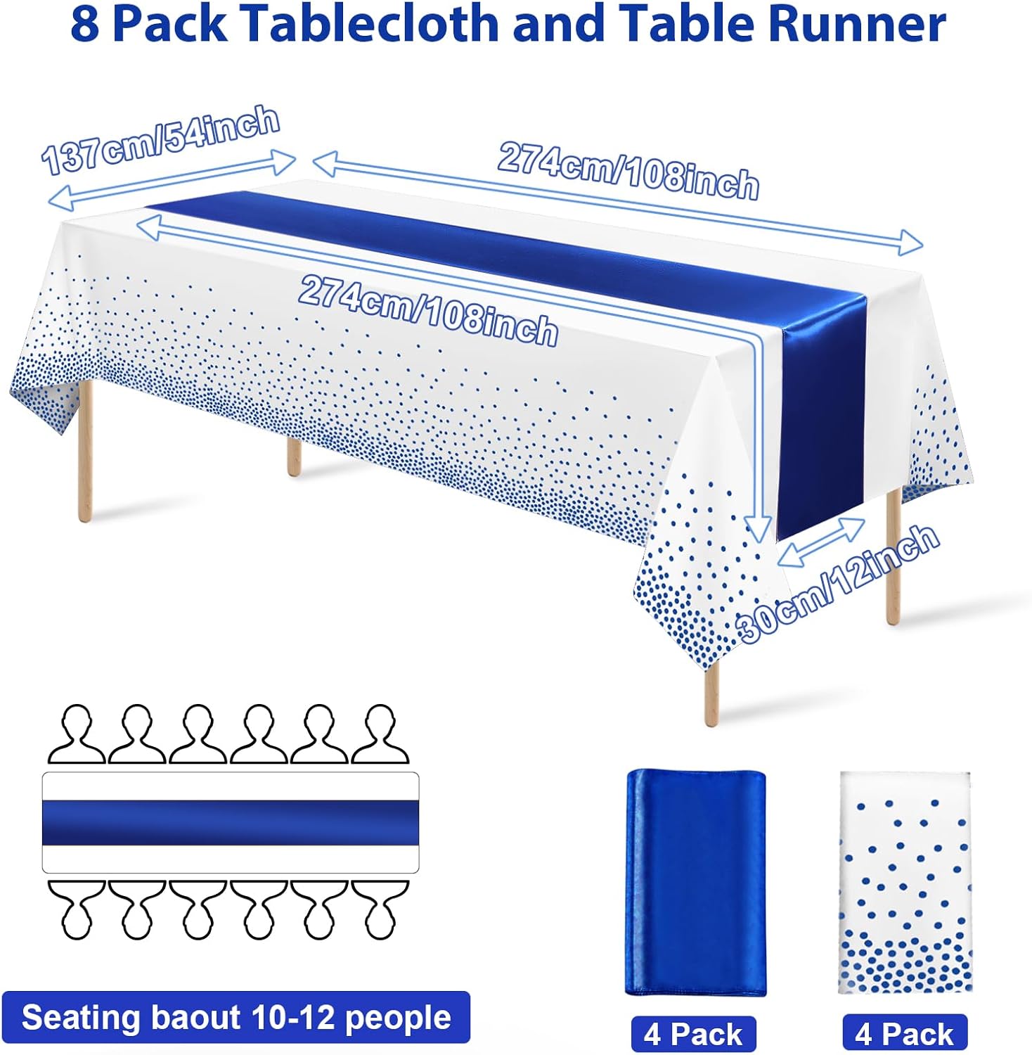 8Pack Disposable Plastic Tablecloths and Satin Table Runner with White and Royal Blue Dots for Occasions