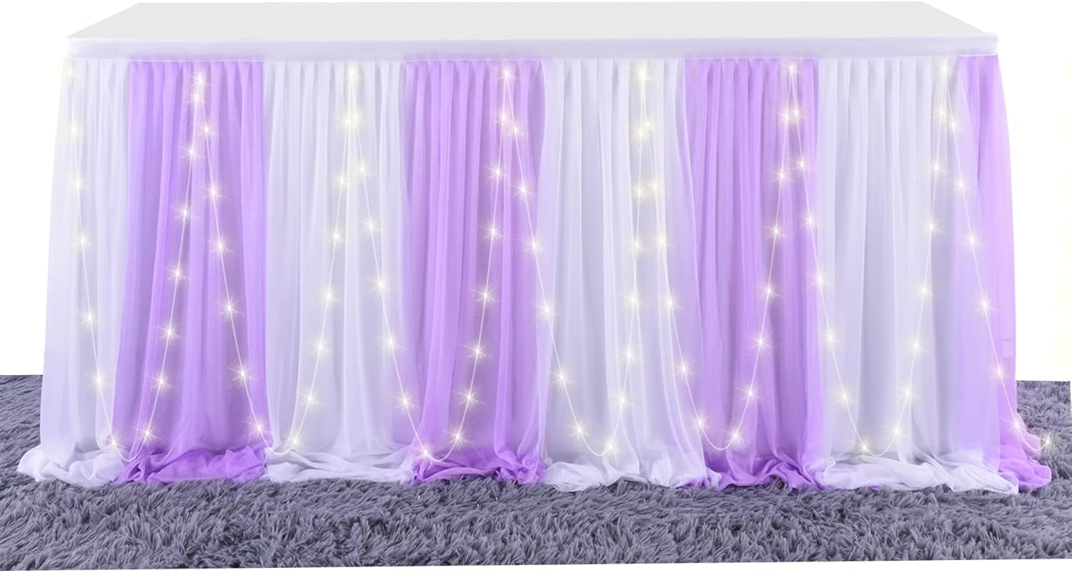 9ft Purple Table Skirt with LED Lights for Parties