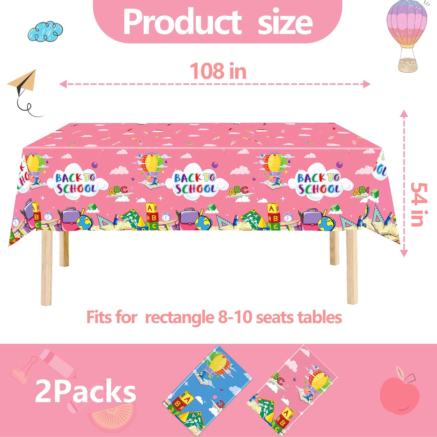 2 Pack Back to School Tablecloths Blue and Pink
