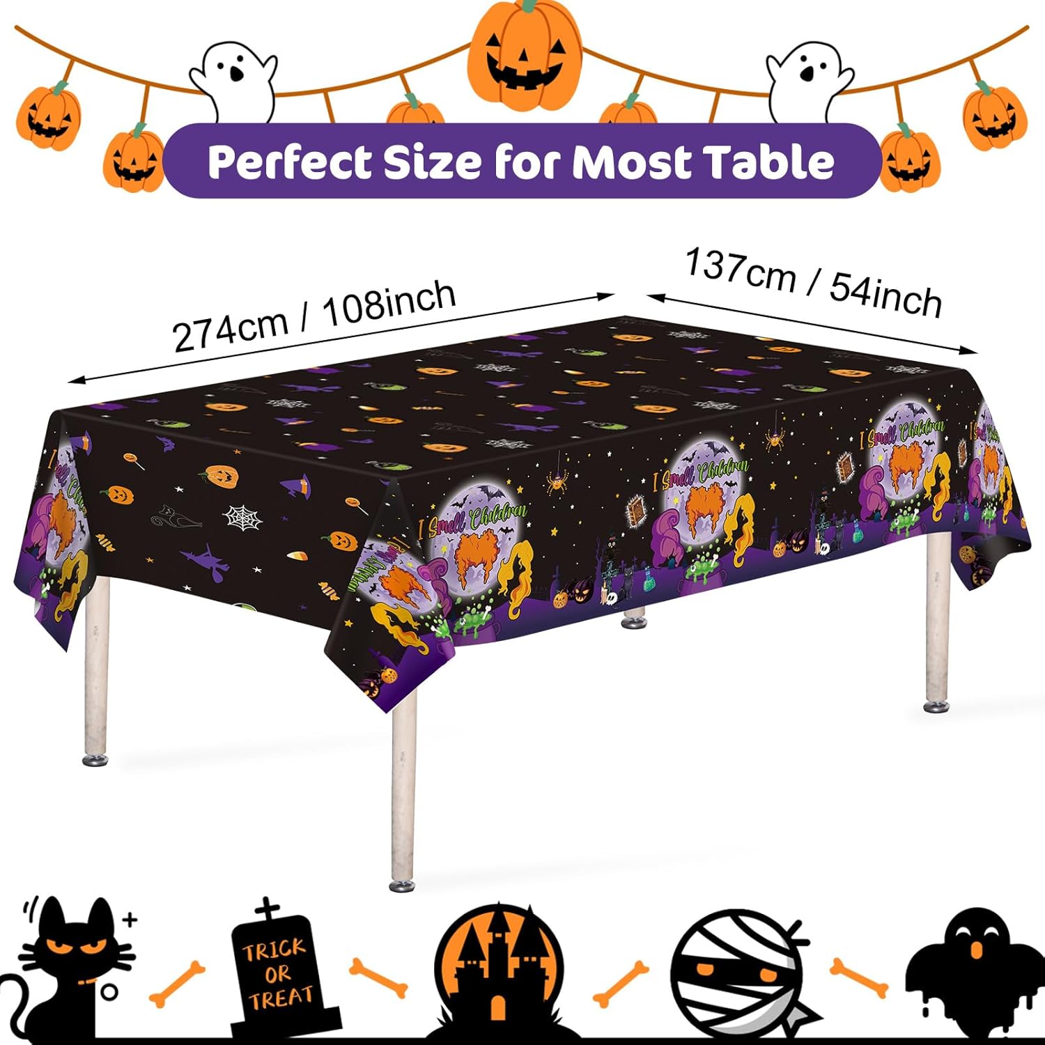 3 Pack Hocus Pocus Halloween Tablecloths 108x54 Inch