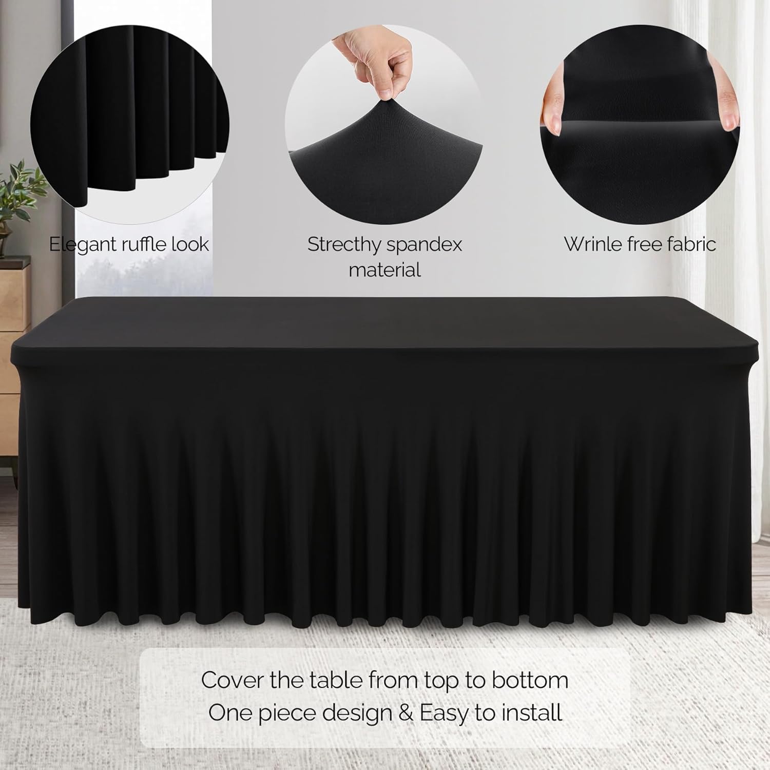 Wish Care 2 Pack Black Spandex Tablecloths - Fitted 6ft Rectangle for Events