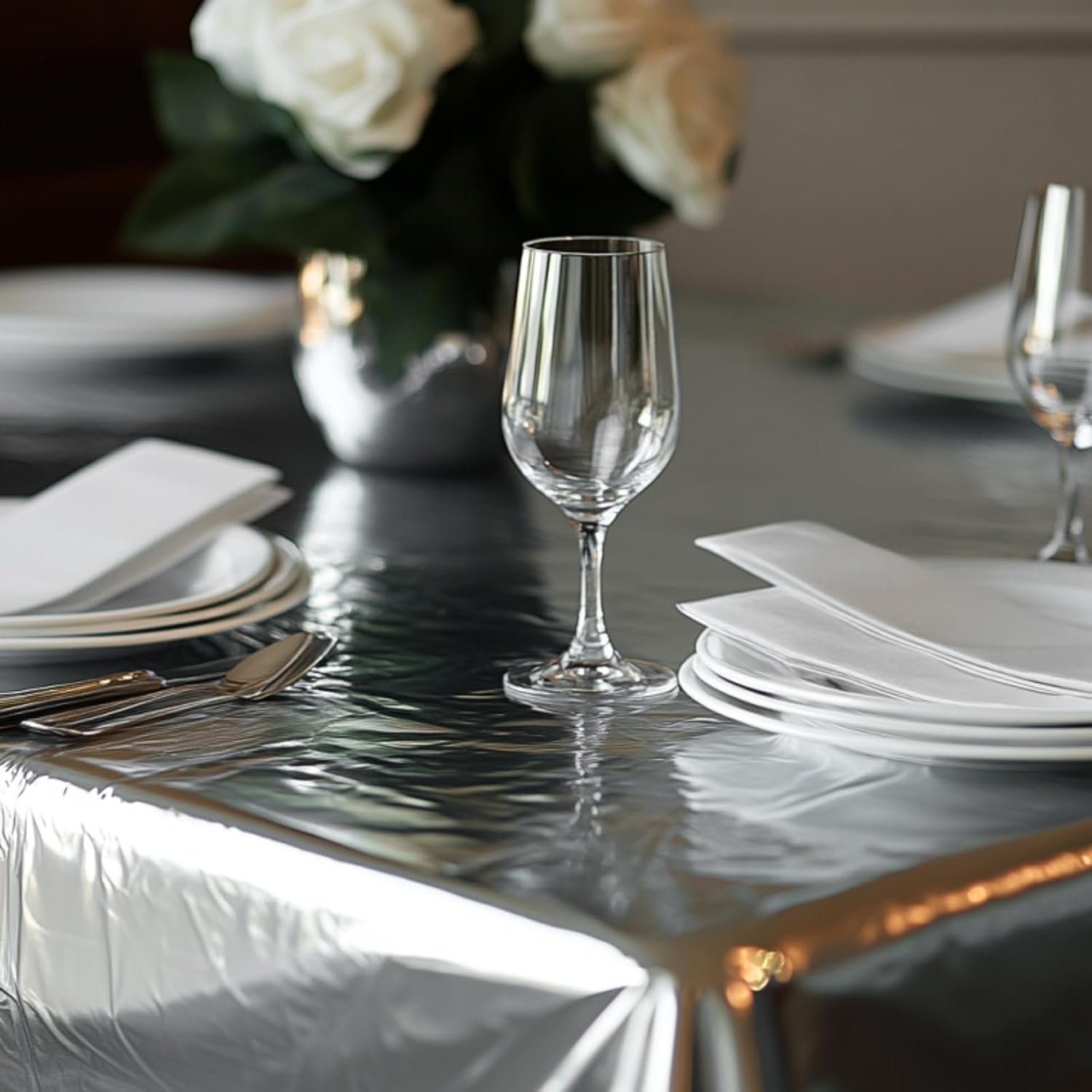 PartyWoo 3 pcs Silver Foil Table Cover 54 x 108 Inch Waterproof Tablecloth for 6-8 Foot Tables