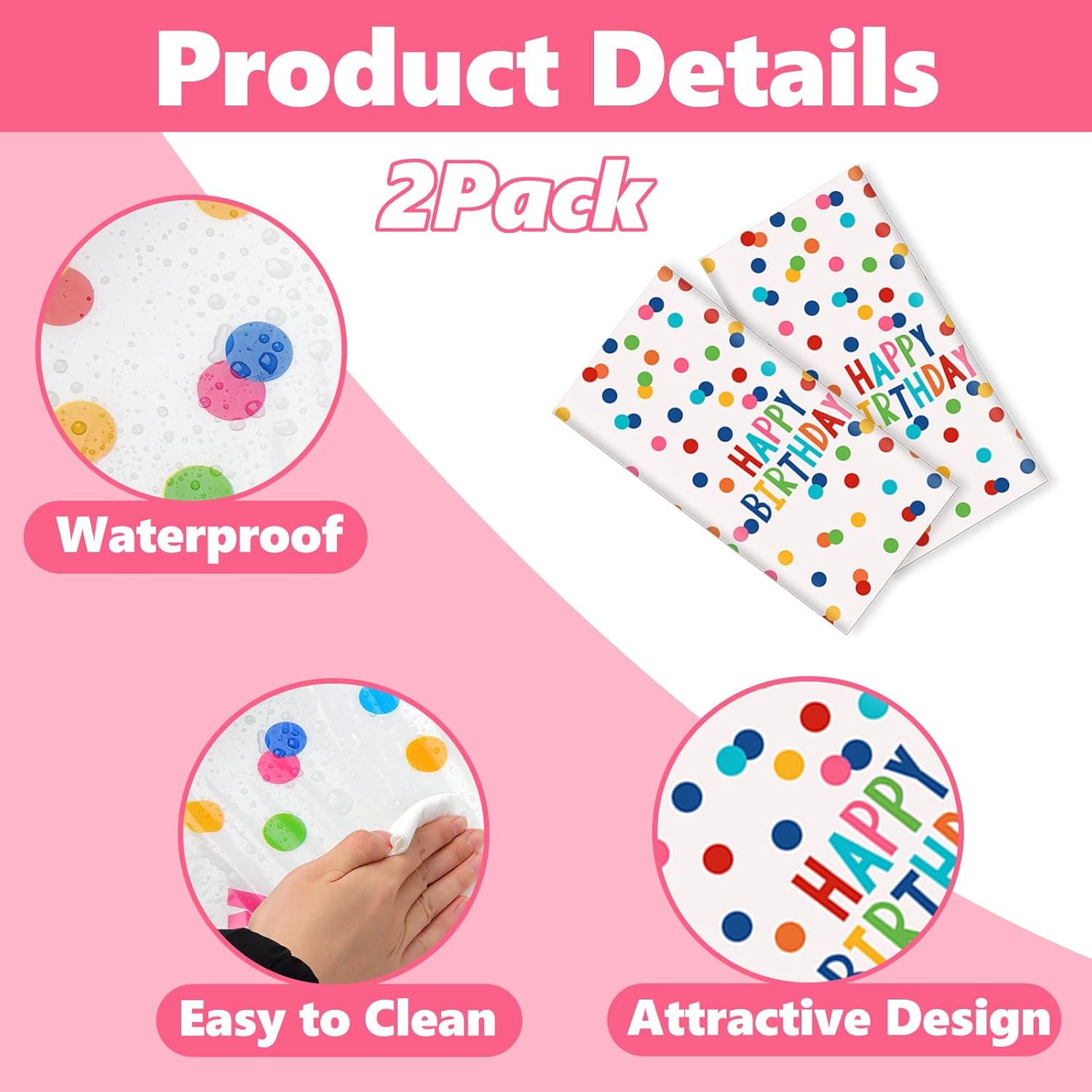 2Pack Happy Birthday Tablecloths for Party and Baby Shower Decoration 108x54 Inches