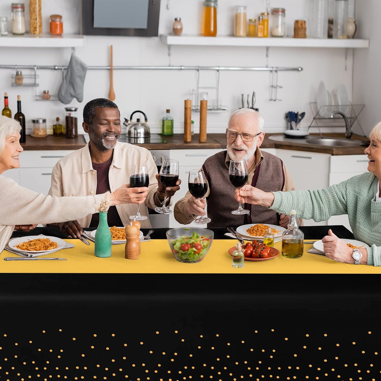 24Pack Black Gold Dot Tablecloths and Satin Table Runner Set