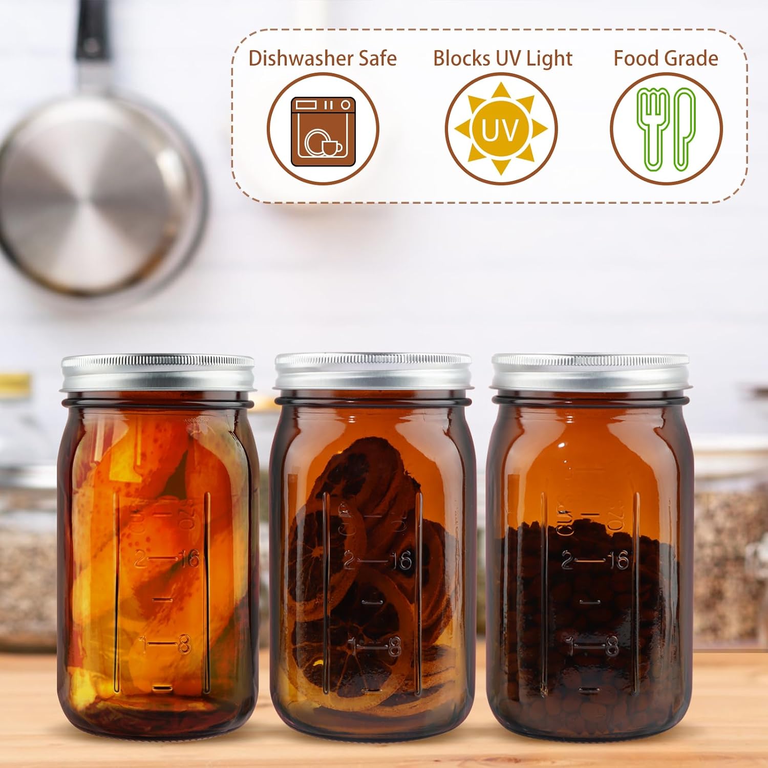 CARBLIN 4 Pack 32 Oz Amber Canning Jars with Airtight Lids