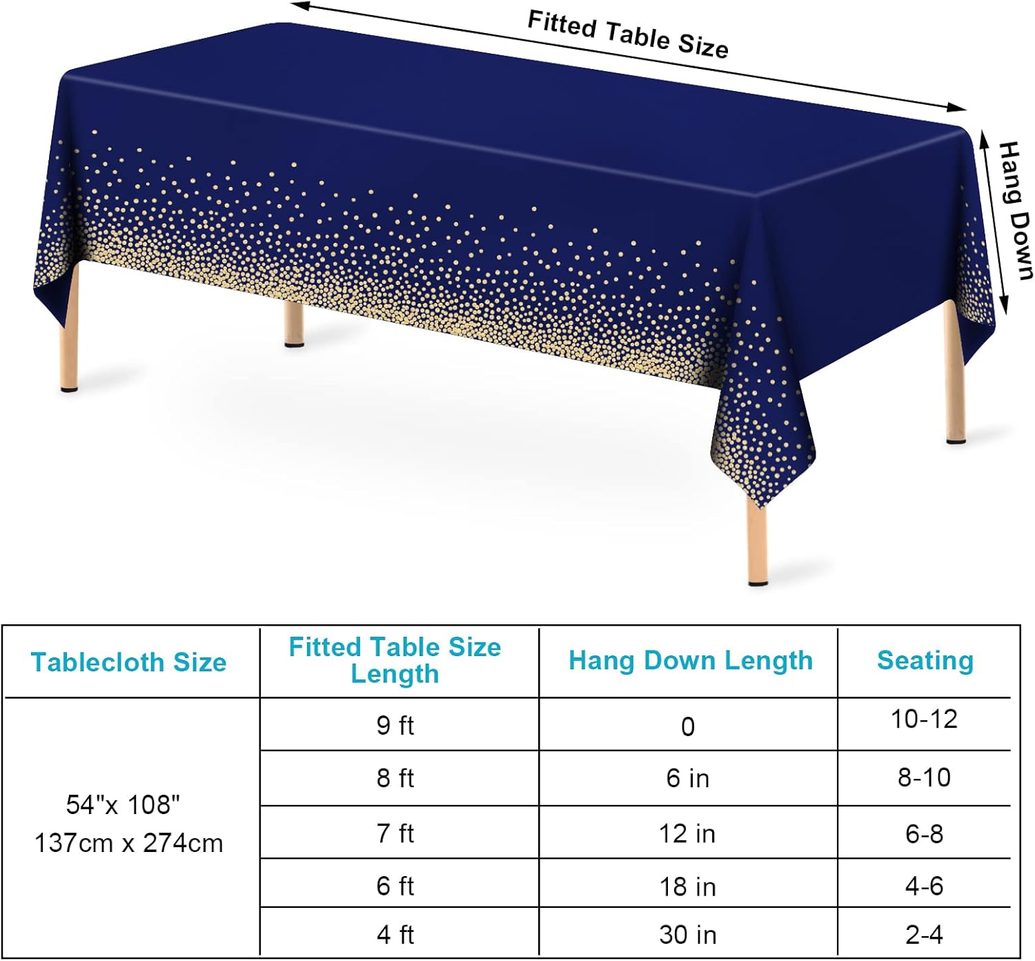 2 Pcs Navy Blue Gold Dot Plastic Tablecloth for Rectangle Tables