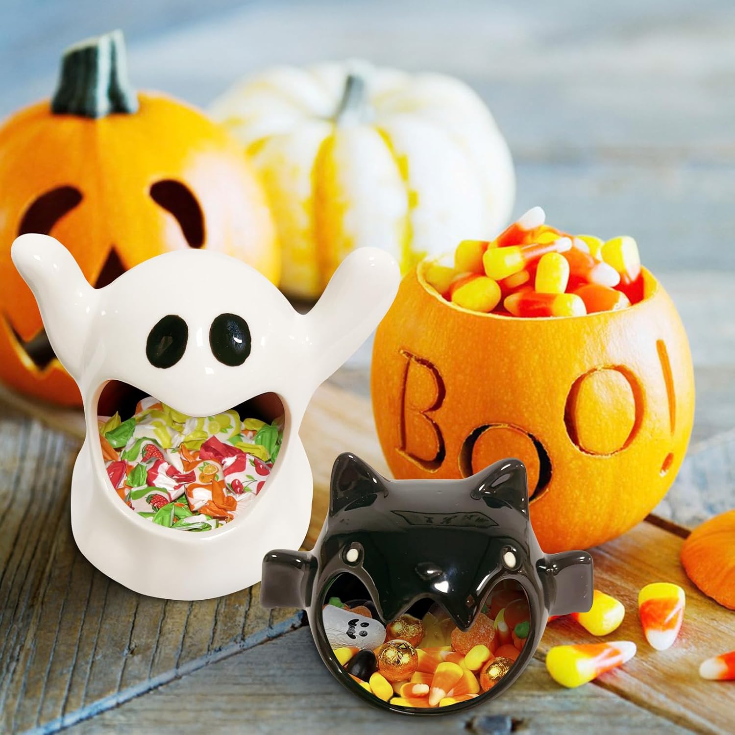 2 Pack Halloween Candy Bowls with Ghost and Bat Designs