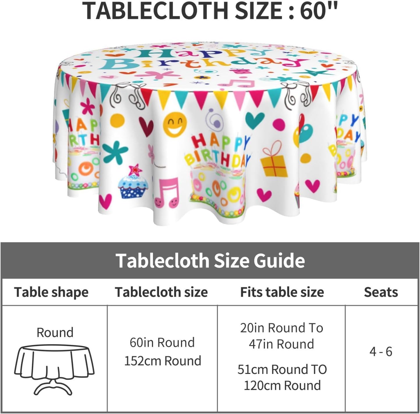 Happy Birthday Round Tablecloth 60 Inch Colorful Cake Balloons Cover